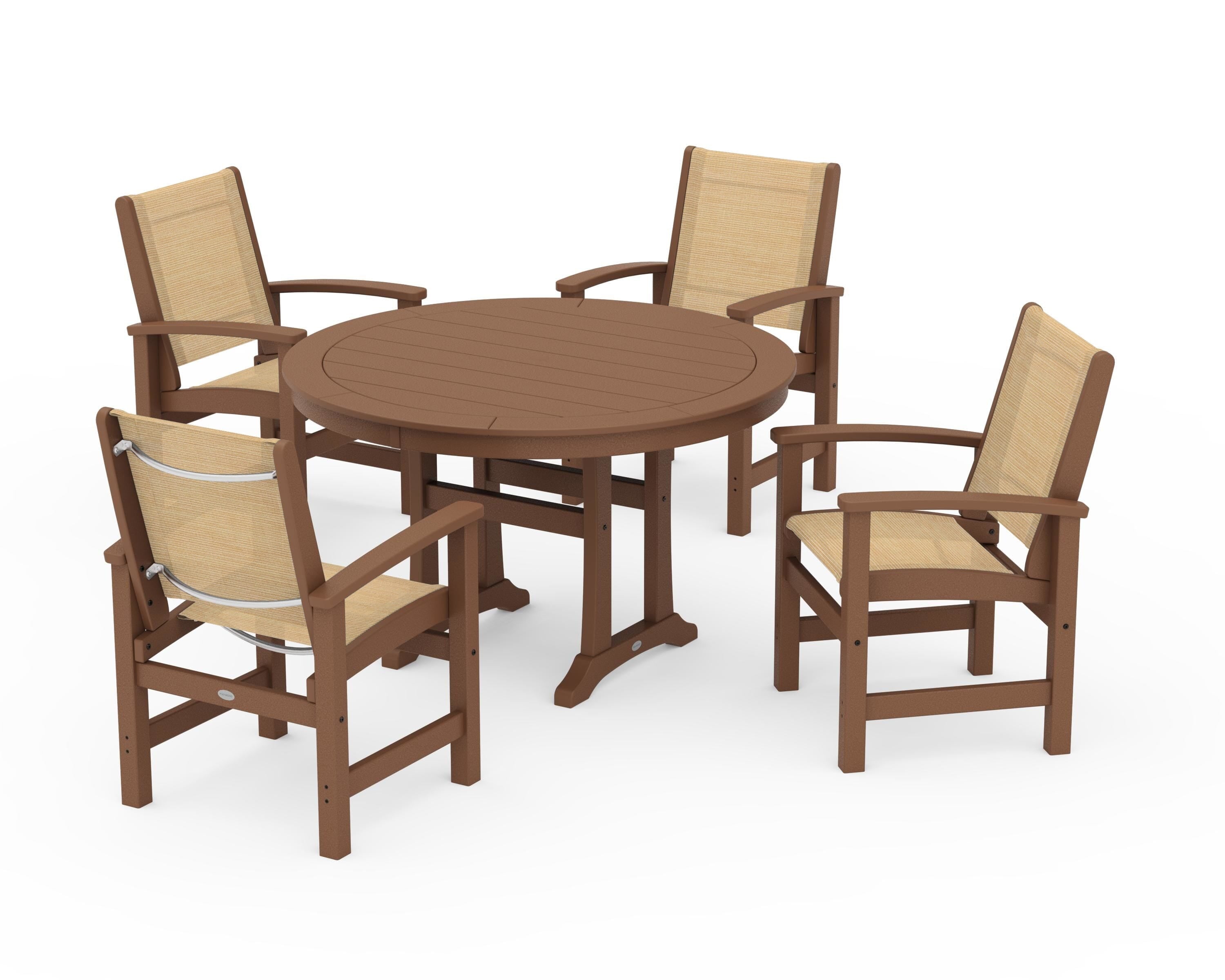 POLYWOOD Coastal 5-Piece Round Dining Set with Trestle Legs in Teak / Dupioni Apricot Sling