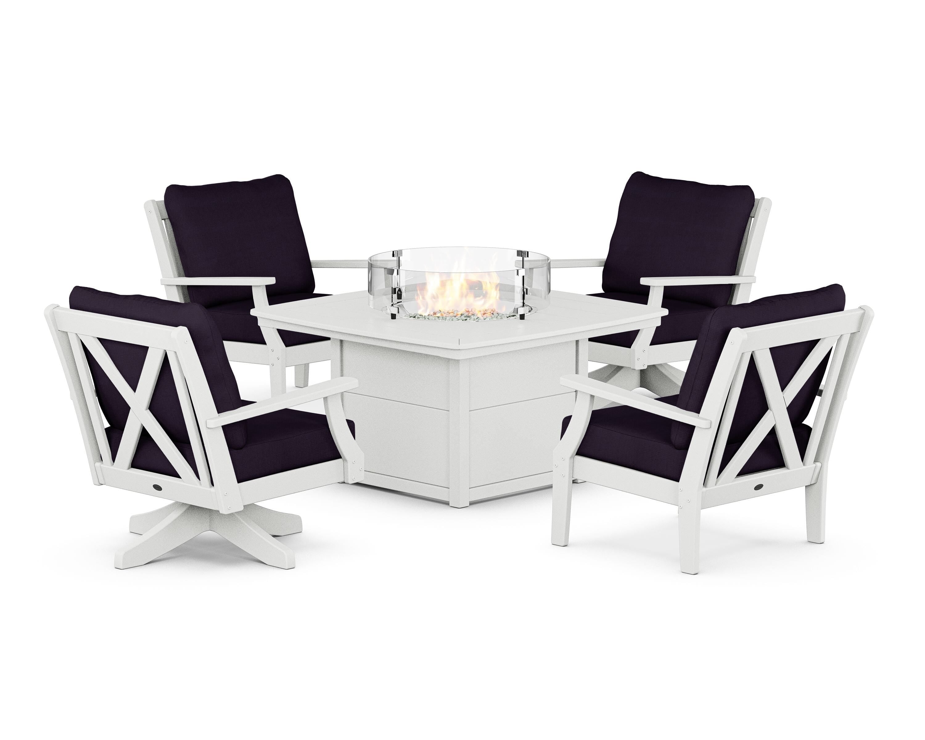 POLYWOOD Braxton 5-Piece Deep Seating Set with Fire Table in White / Navy Linen