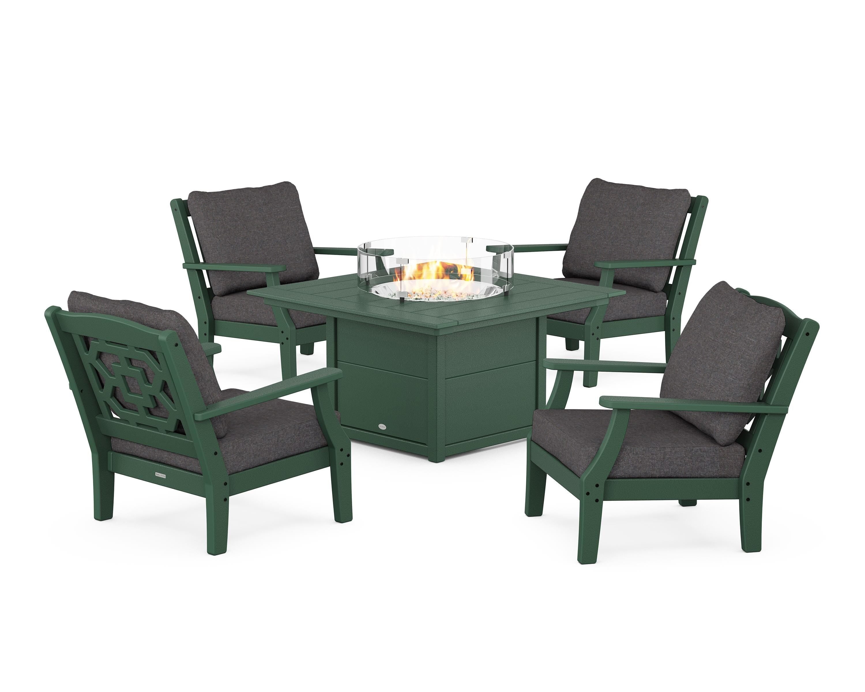 Martha Stewart by POLYWOOD Chinoiserie 5-Piece Deep Seating Set with Fire Pit Table in Green / Ash Charcoal