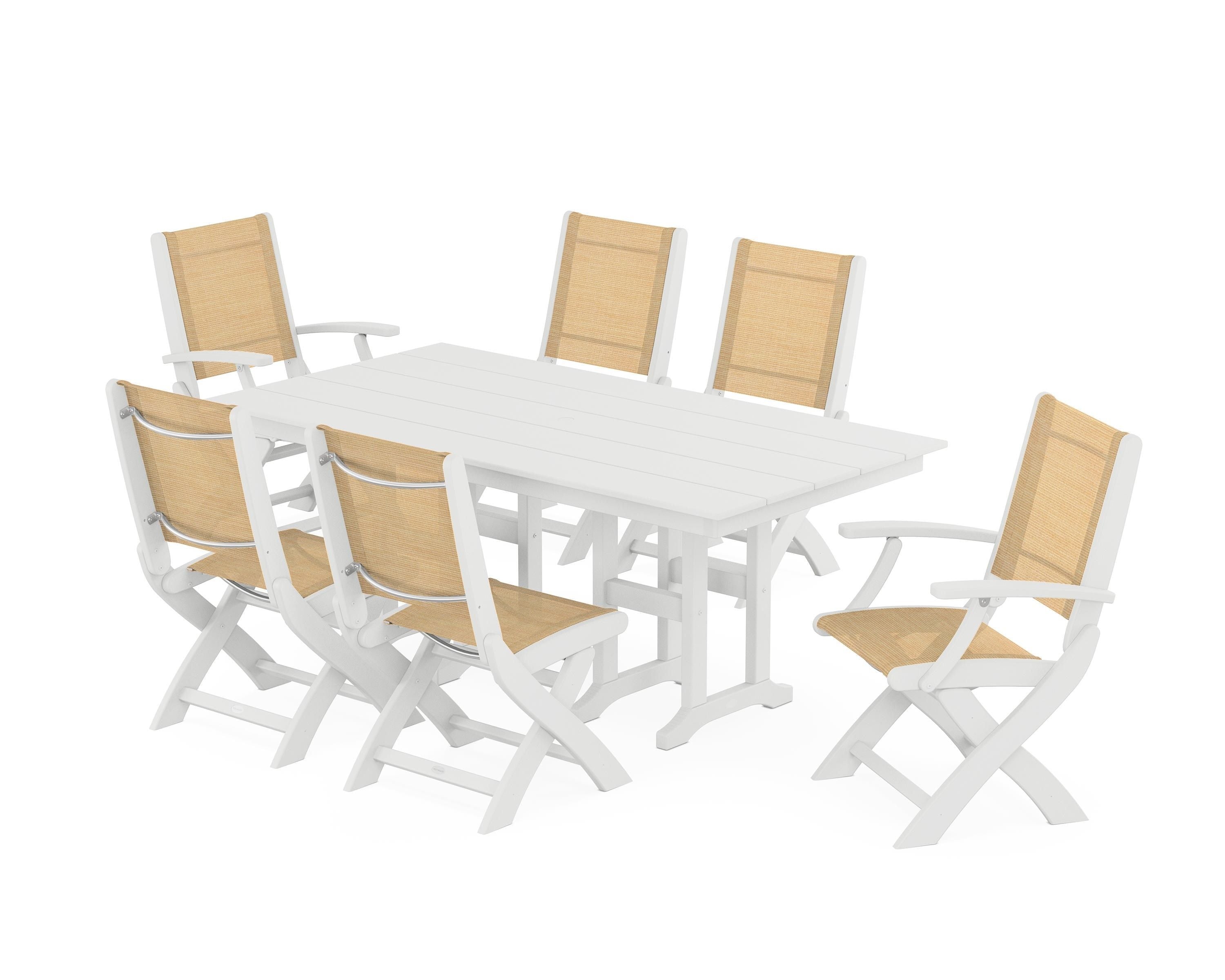 POLYWOOD Coastal Folding Chair 7-Piece Farmhouse Dining Set in White / Dupioni Apricot Sling