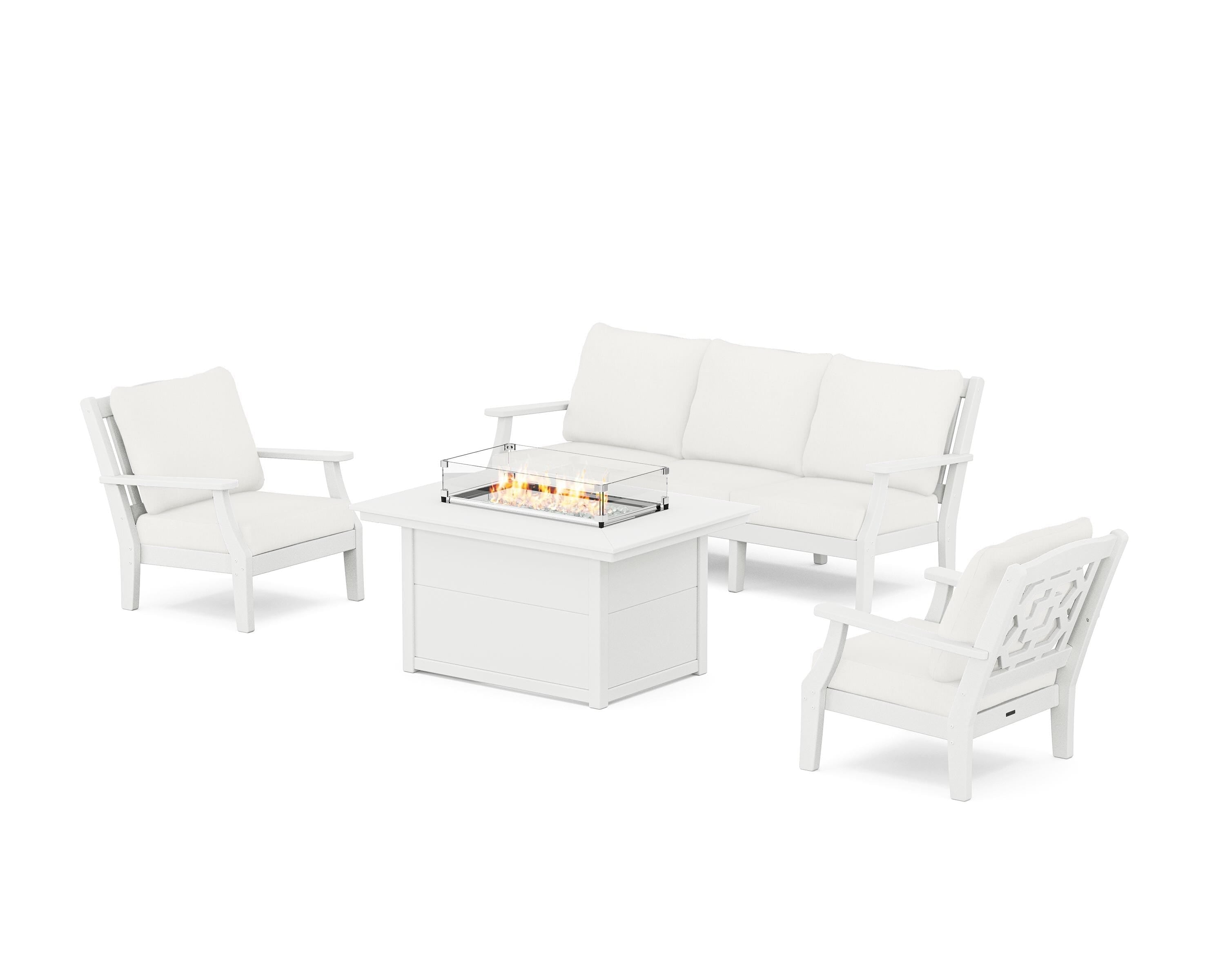 Martha Stewart by POLYWOOD Chinoiserie Deep Seating Fire Pit Table Set in White / Natural Linen