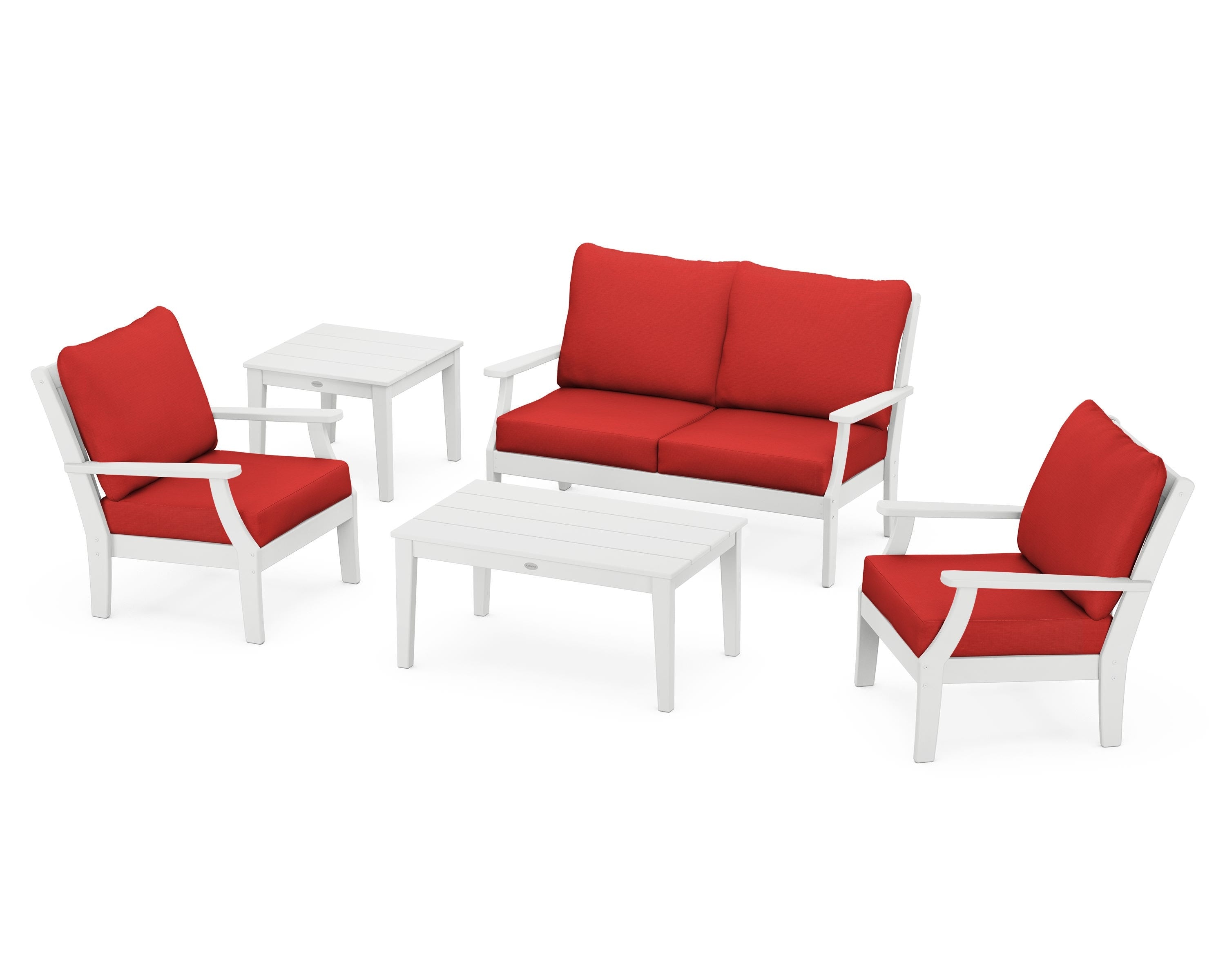 POLYWOOD Braxton 5-Piece Deep Seating Set in White / Crimson Linen