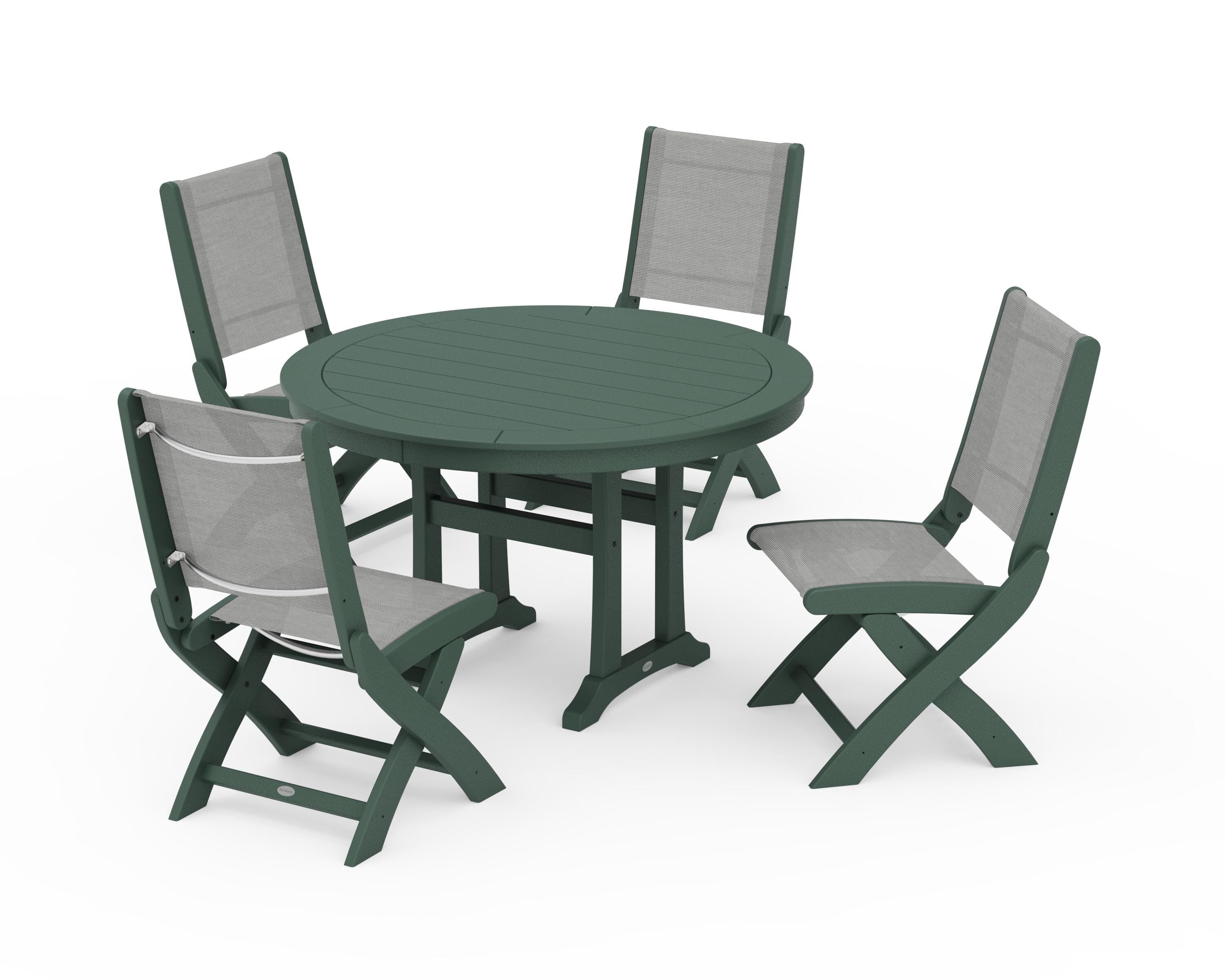 POLYWOOD Coastal Folding Side Chair 5-Piece Round Dining Set With Trestle Legs in Green / Metallic Sling
