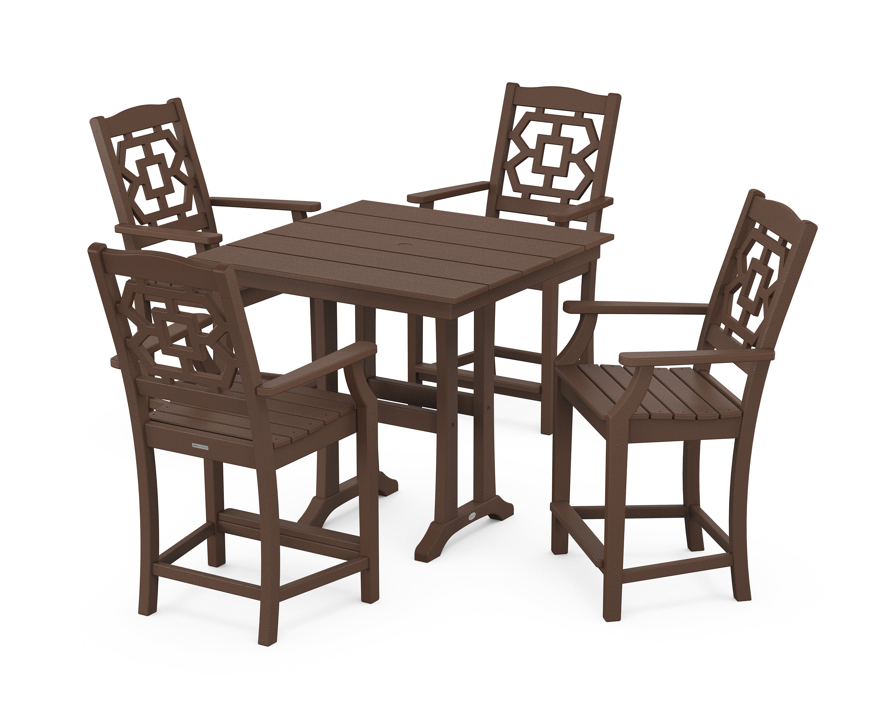 Martha Stewart by POLYWOOD Chinoiserie 5-Piece Farmhouse Counter Set with Trestle Legs in Mahogany