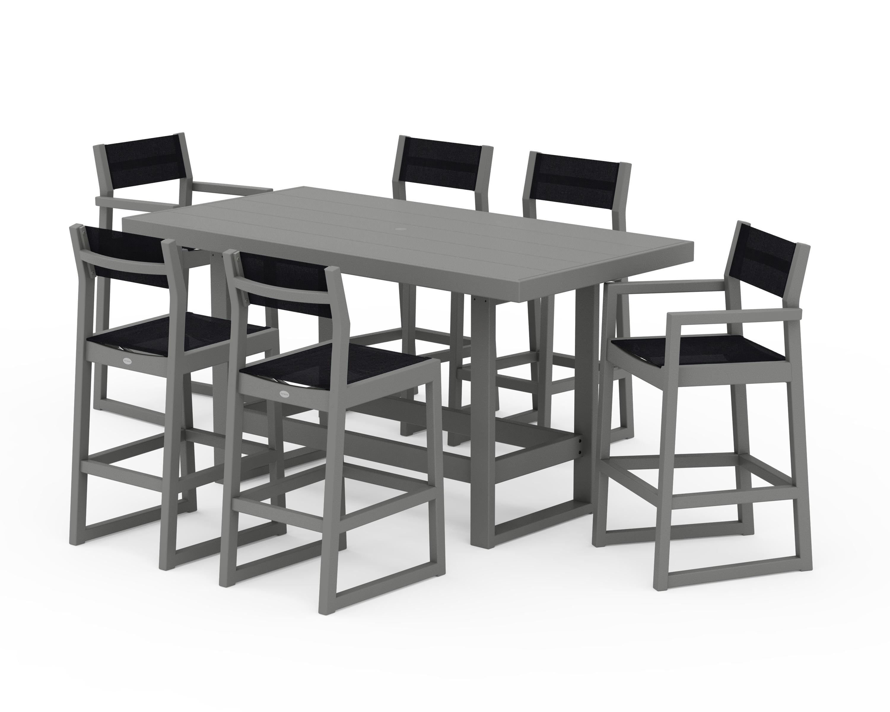 POLYWOOD EDGE Sling 7-Piece Bar Table Set in Slate Grey / Black Sling