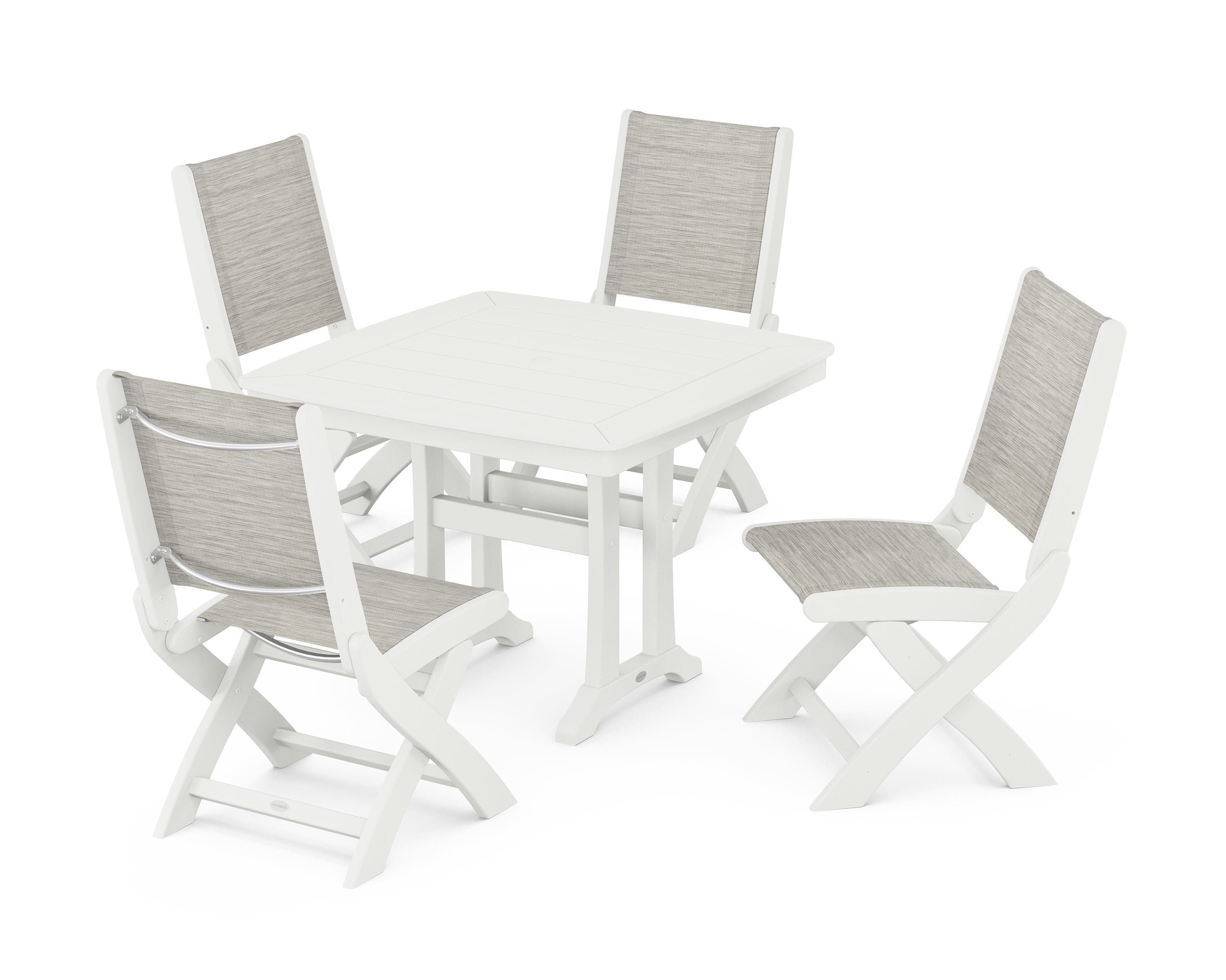 POLYWOOD Coastal Folding Side Chair 5-Piece Dining Set with Trestle Legs in Vintage White / Birch Sling