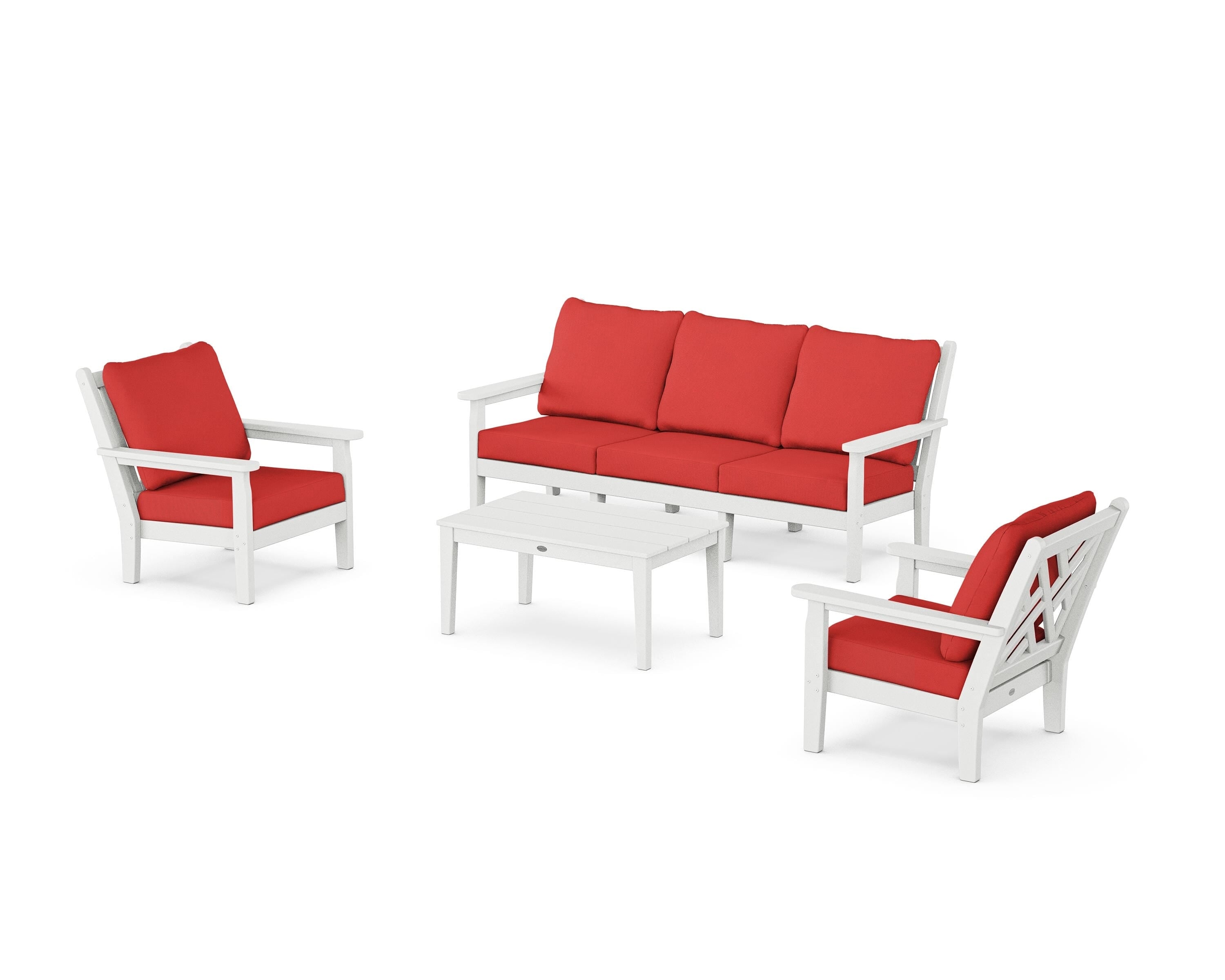 POLYWOOD Chippendale 4-Piece Deep Seating Set with Sofa in White / Crimson Linen