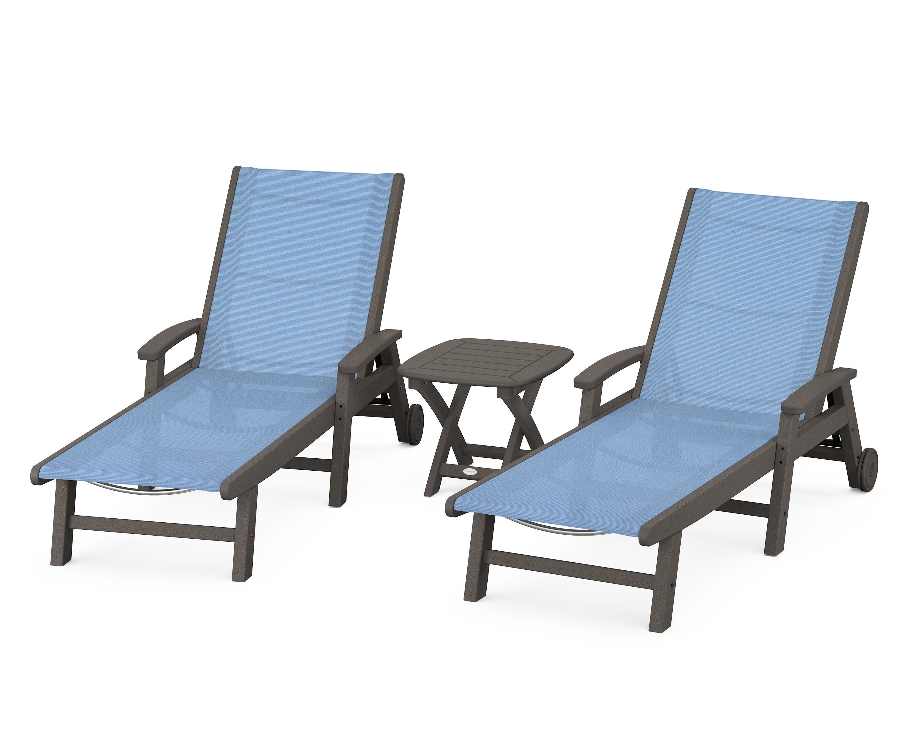 POLYWOOD Coastal 3-Piece Wheeled Chaise Set in Vintage Coffee / Poolside Sling