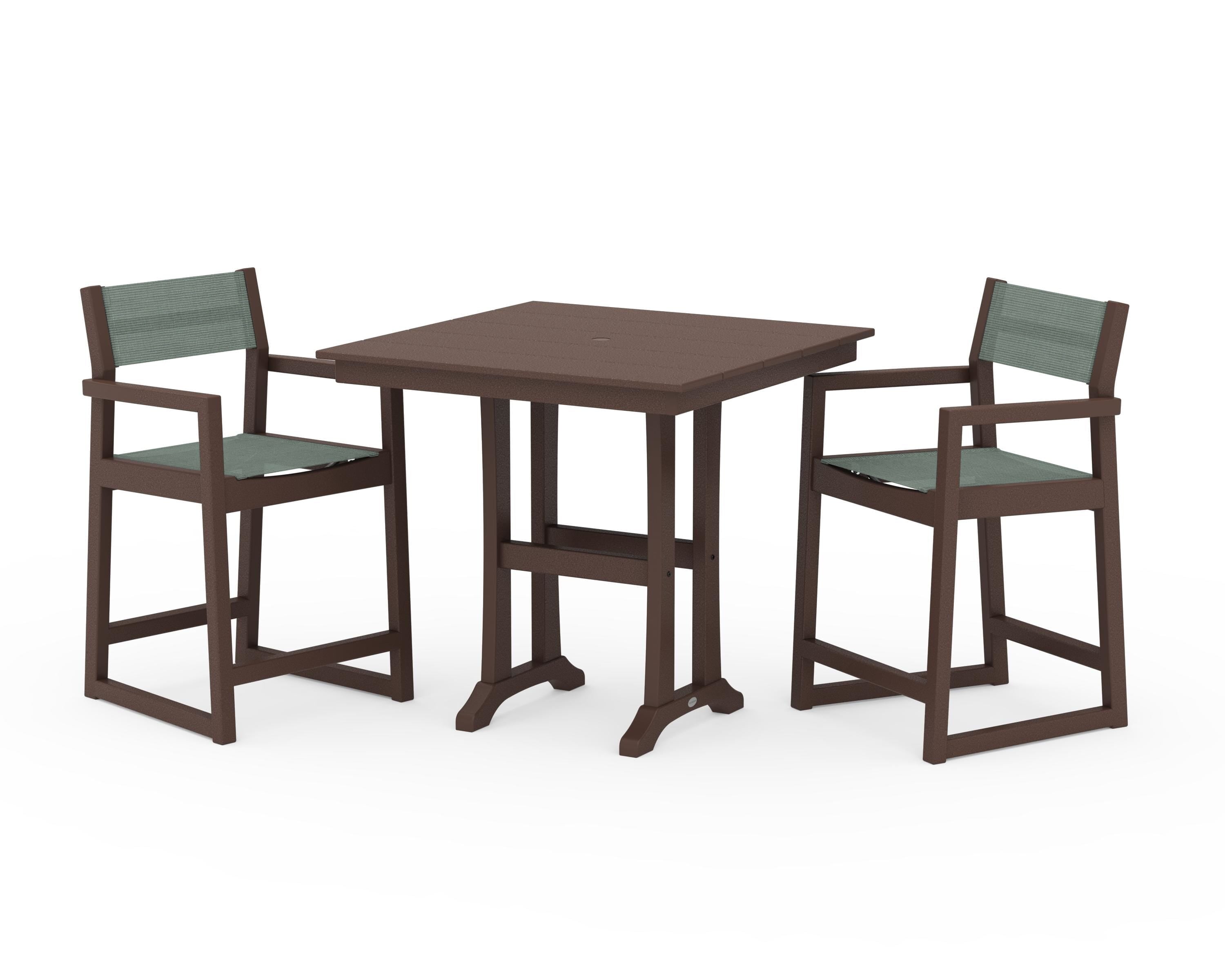 POLYWOOD EDGE Sling Arm Chair 3-Piece Farmhouse Counter Set with Trestle Legs in Mahogany / Dupioni Sea Mist Sling