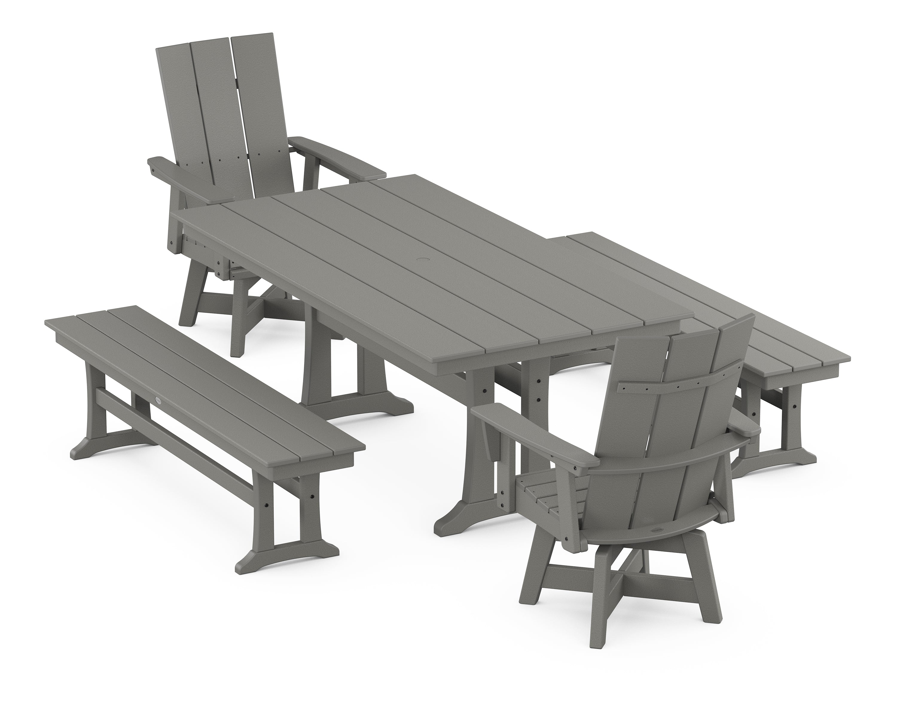 POLYWOOD® Modern Curveback Adirondack Swivel Chair 5-Piece Farmhouse Dining Set With Trestle Legs and Benches in Slate Grey