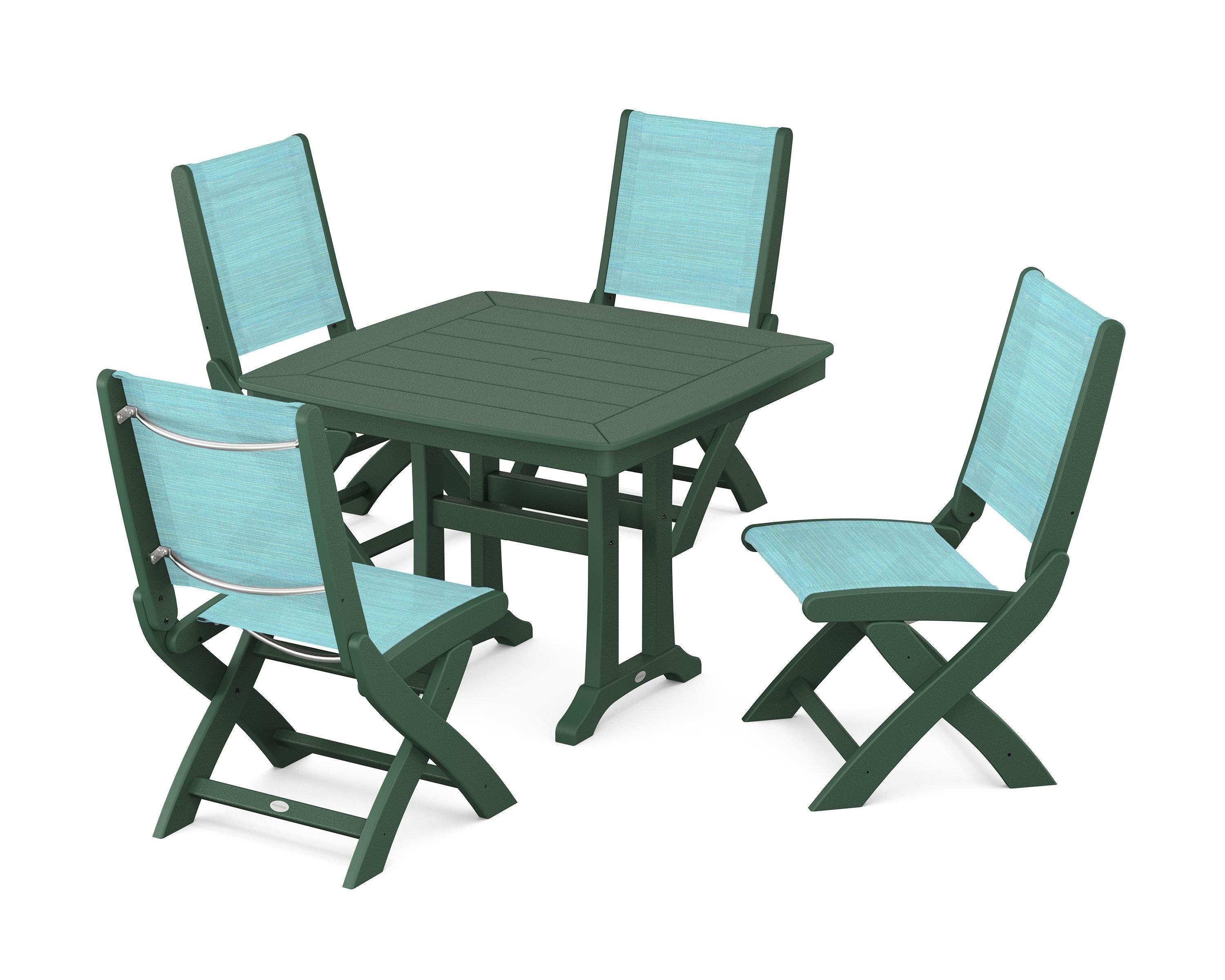 POLYWOOD Coastal Folding Side Chair 5-Piece Dining Set with Trestle Legs in Green / Dupioni Aquamarine Sling