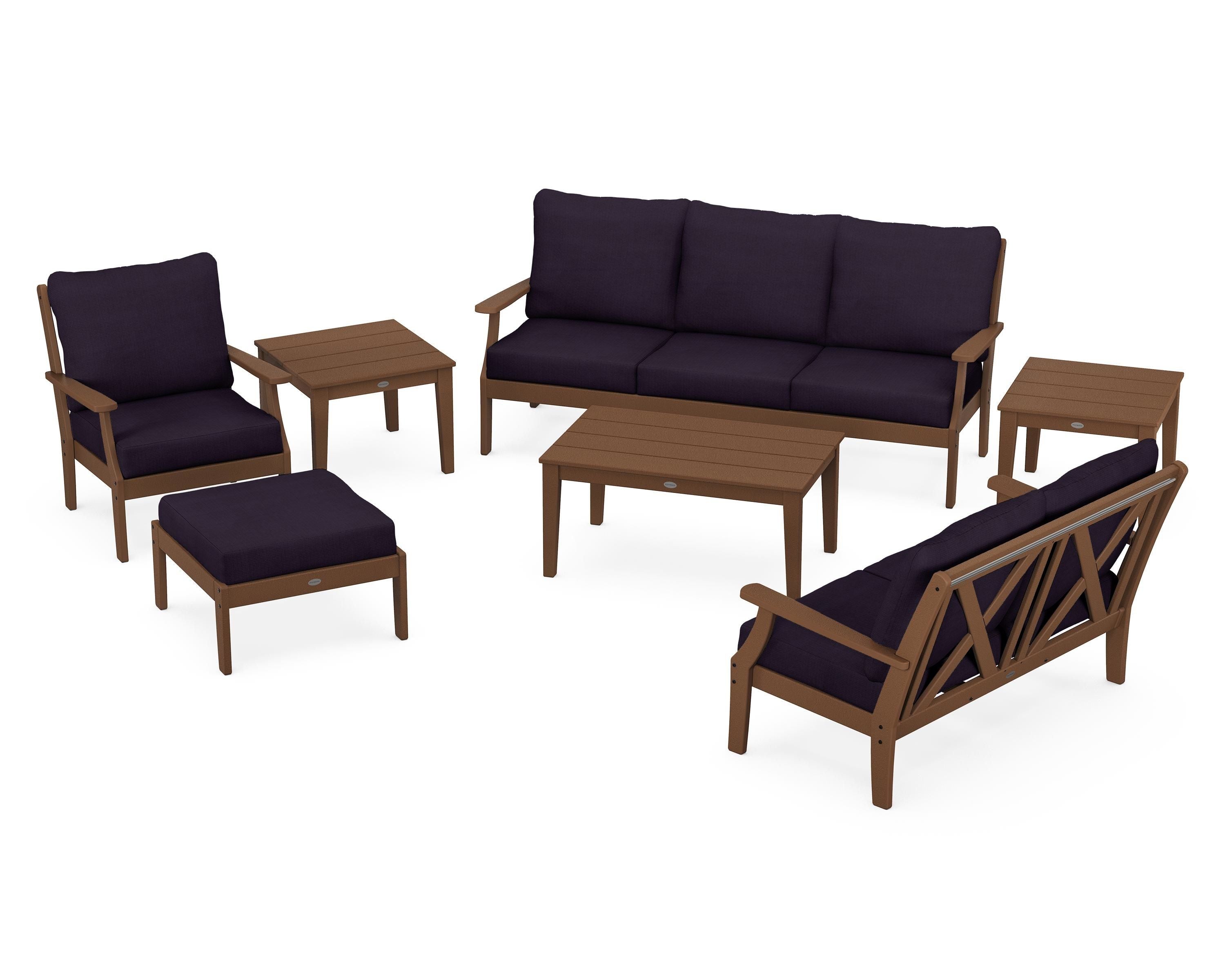 POLYWOOD Braxton 7-Piece Deep Seating Set in Teak / Navy Linen
