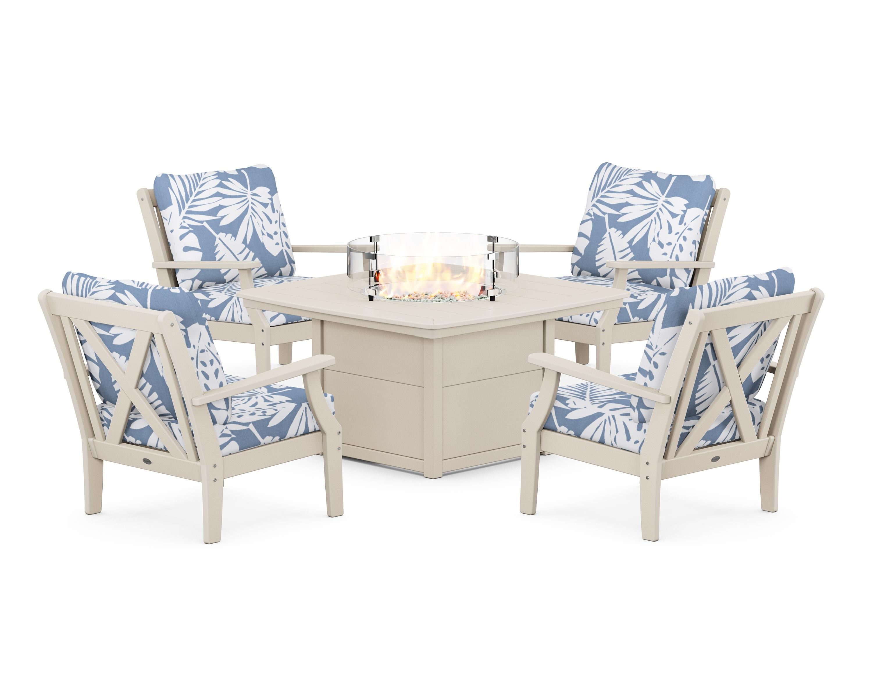 POLYWOOD Braxton 5-Piece Deep Seating Conversation Set with Fire Pit Table in Sand / Leaf Sky Blue