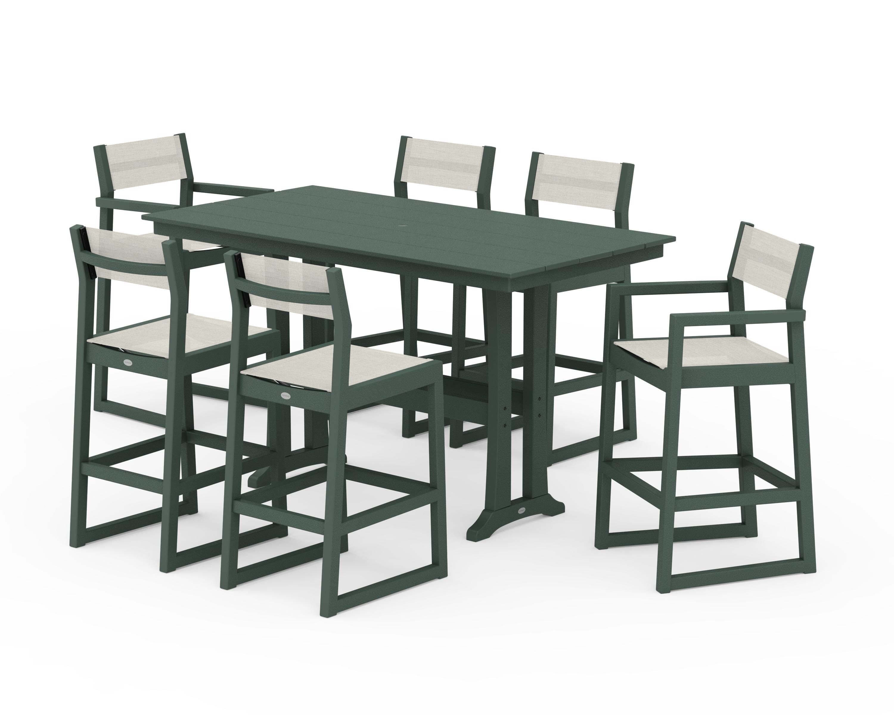 POLYWOOD EDGE Sling 7-Piece Farmhouse Bar Set with Trestle Legs in Green / Parchment Sling