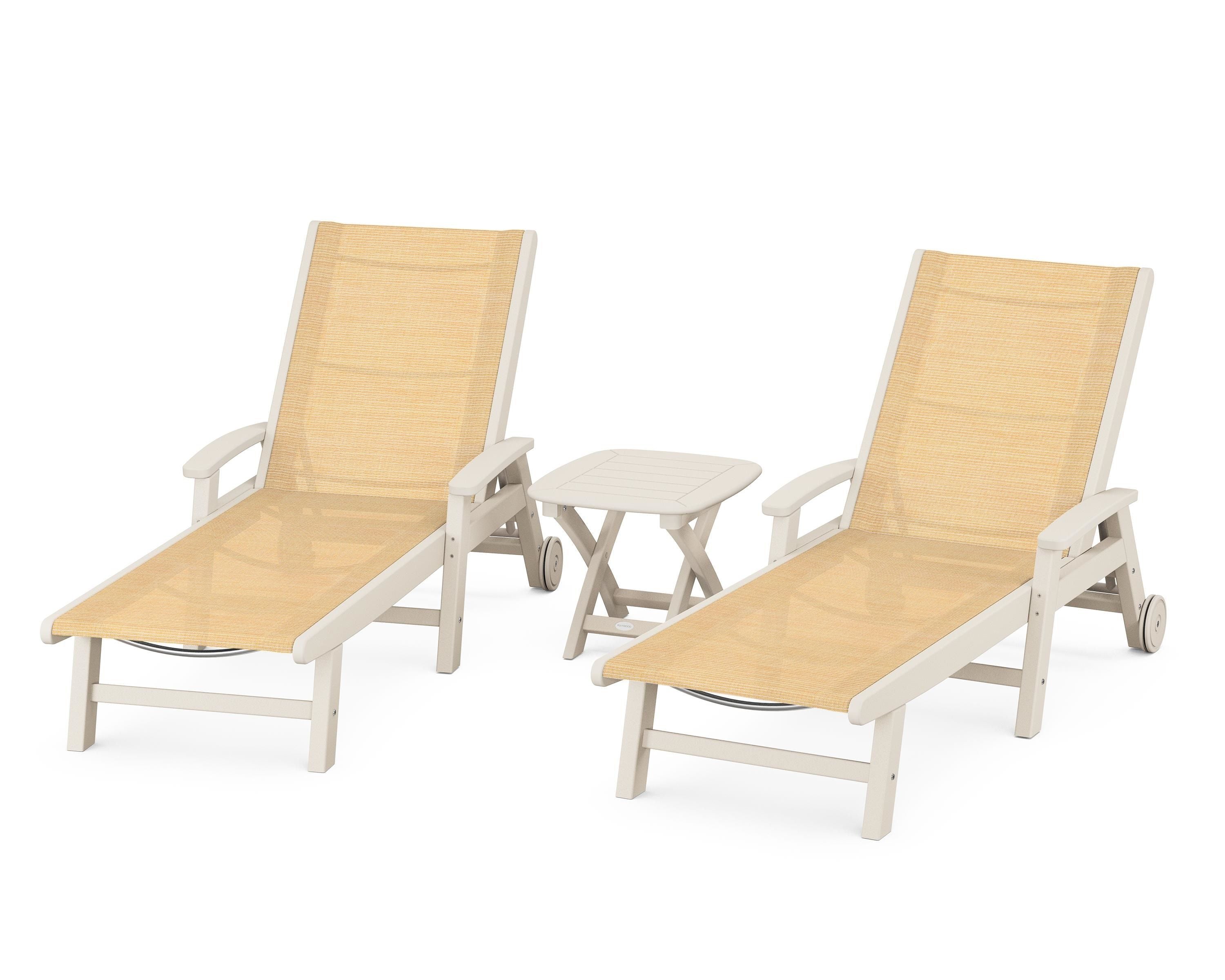 POLYWOOD Coastal 3-Piece Wheeled Chaise Set in Sand / Dupioni Apricot Sling