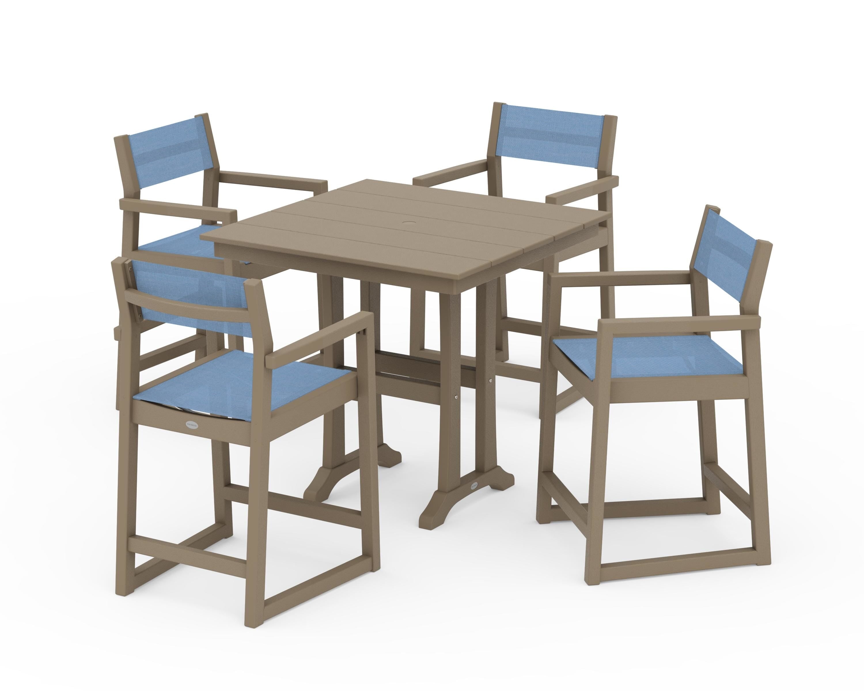 POLYWOOD EDGE Sling Arm Chair 5-Piece Farmhouse Counter Set with Trestle Legs in Vintage Sahara / Poolside Sling