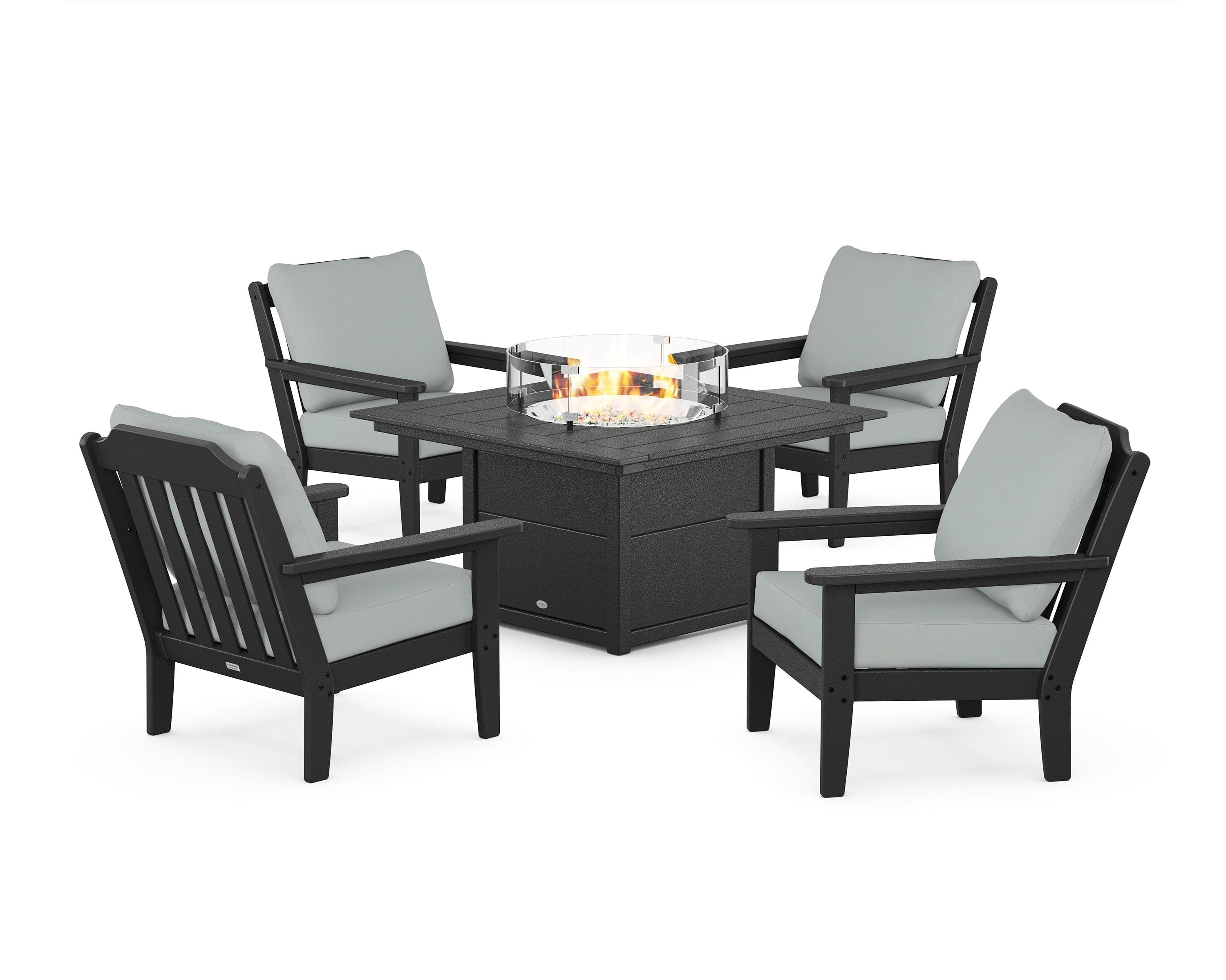 Country Living Cottage 5-Piece Deep Seating Set with Fire Pit Table in Black / Spa