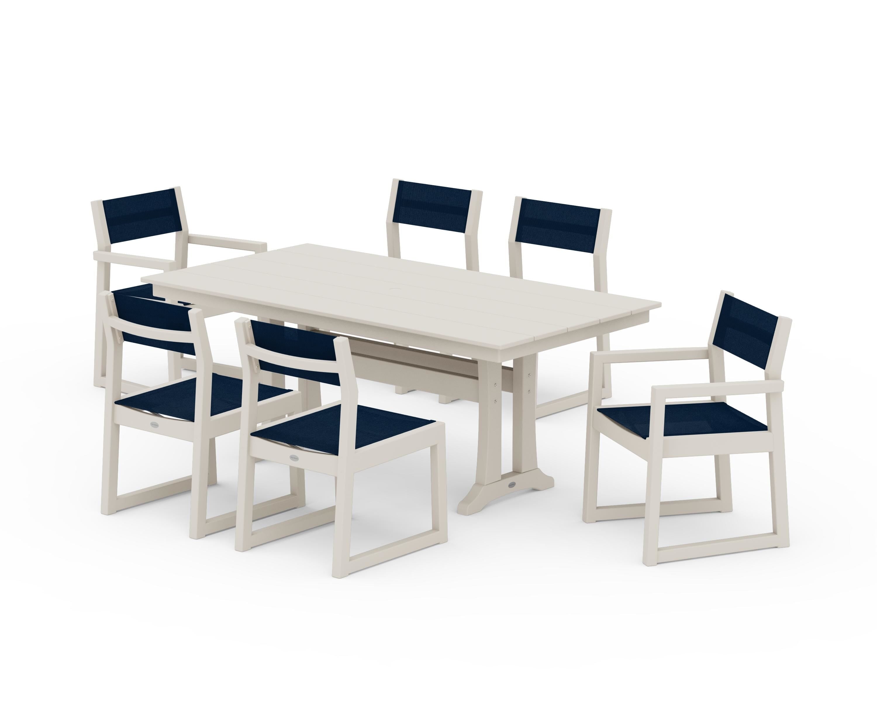 POLYWOOD EDGE Sling 7-Piece Farmhouse Trestle Dining Set in Sand / Navy Blue Sling
