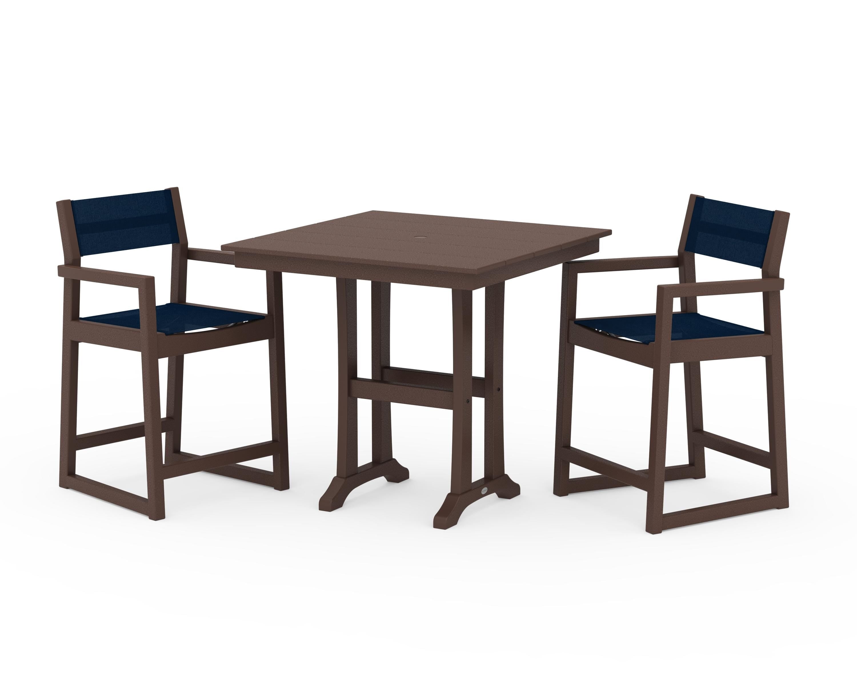 POLYWOOD EDGE Sling Arm Chair 3-Piece Farmhouse Counter Set with Trestle Legs in Mahogany / Navy Blue Sling