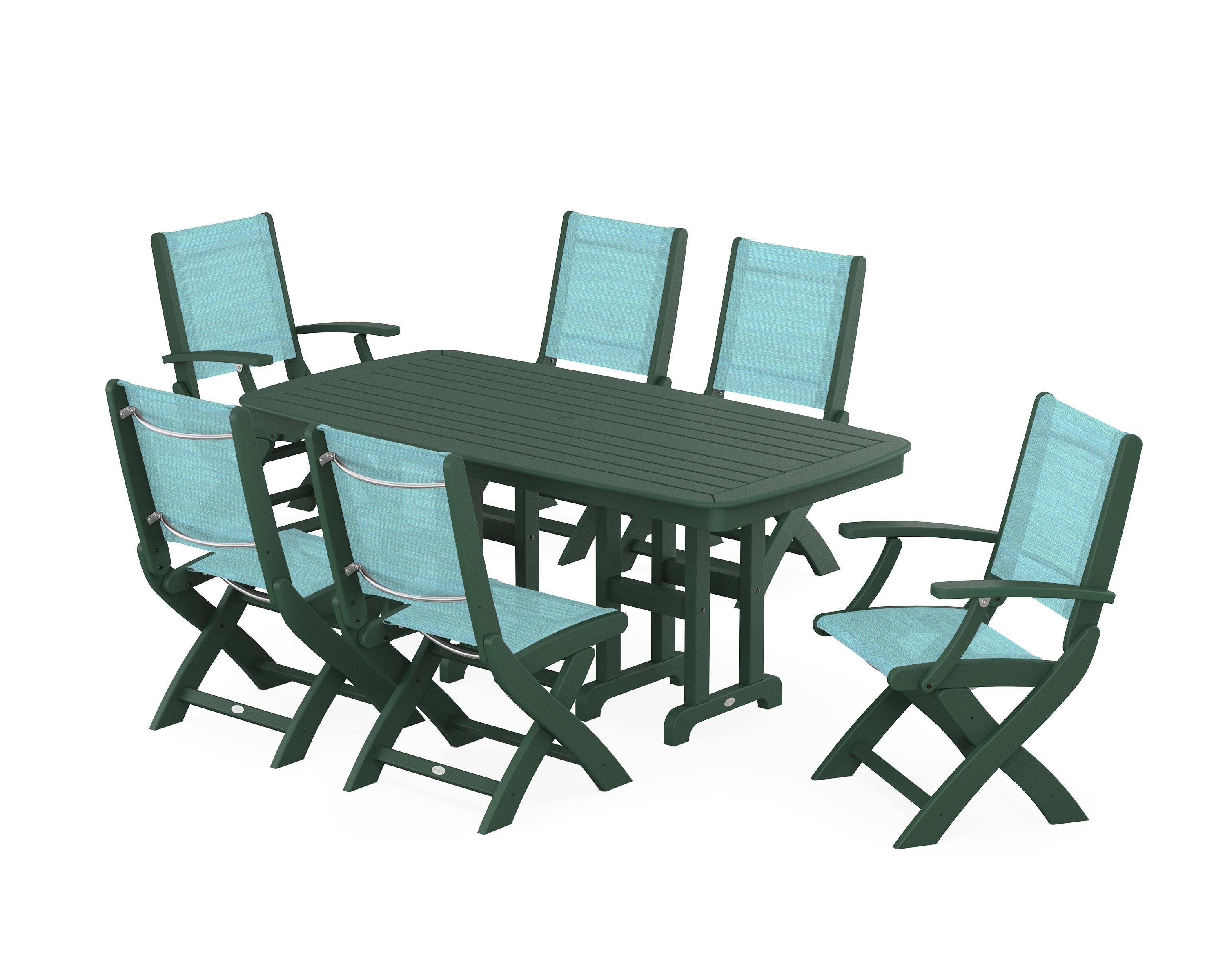 POLYWOOD Coastal Folding Chair 7-Piece Dining Set in Green / Dupioni Aquamarine Sling