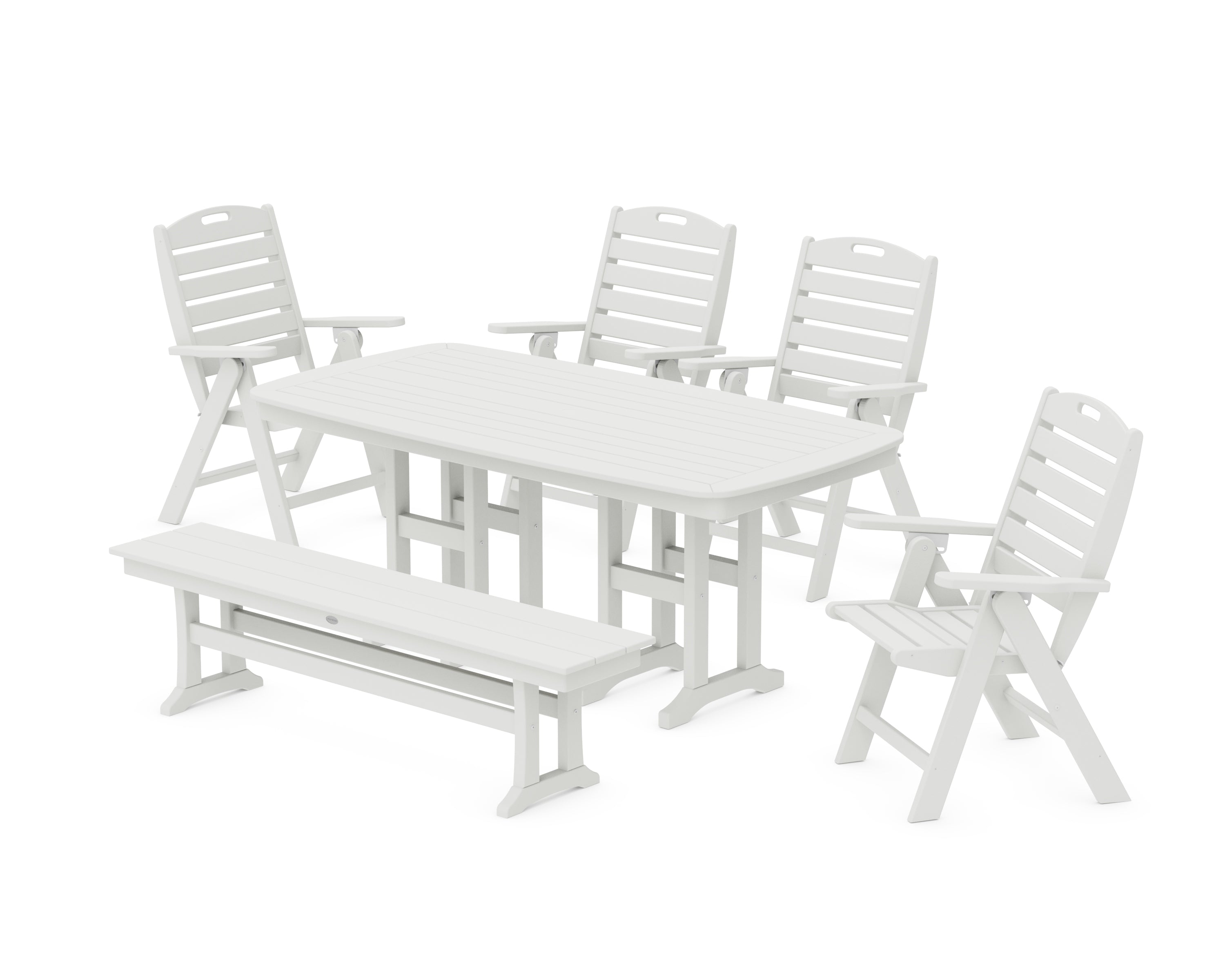 POLYWOOD Nautical Highback 6-Piece Dining Set with Bench in Vintage White