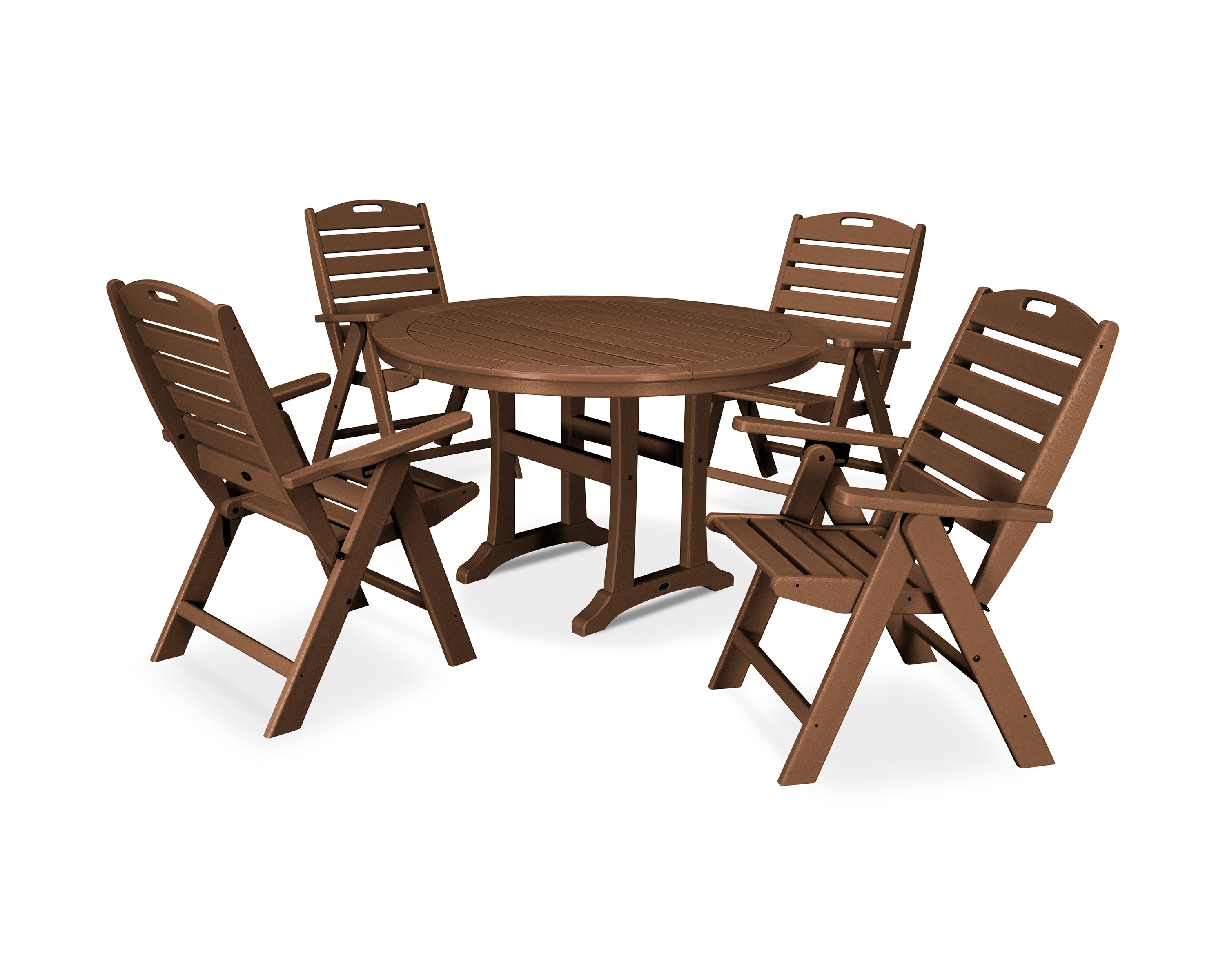 POLYWOOD® 5-Piece Nautical Highback Chair Round Dining Set with Trestle Legs in Teak