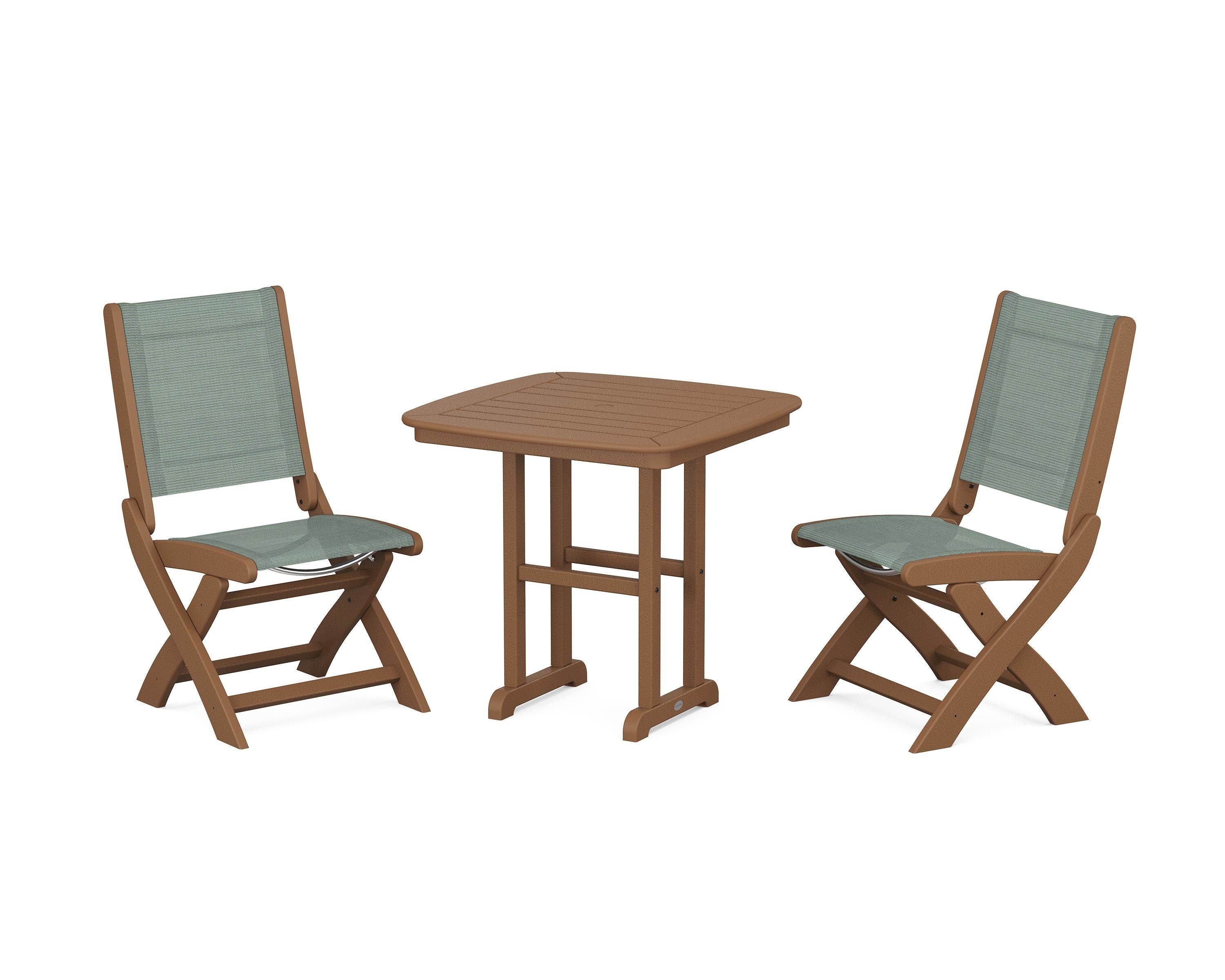 POLYWOOD Coastal Folding Side Chair 3-Piece Dining Set in Teak / Dupioni Sea Mist Sling