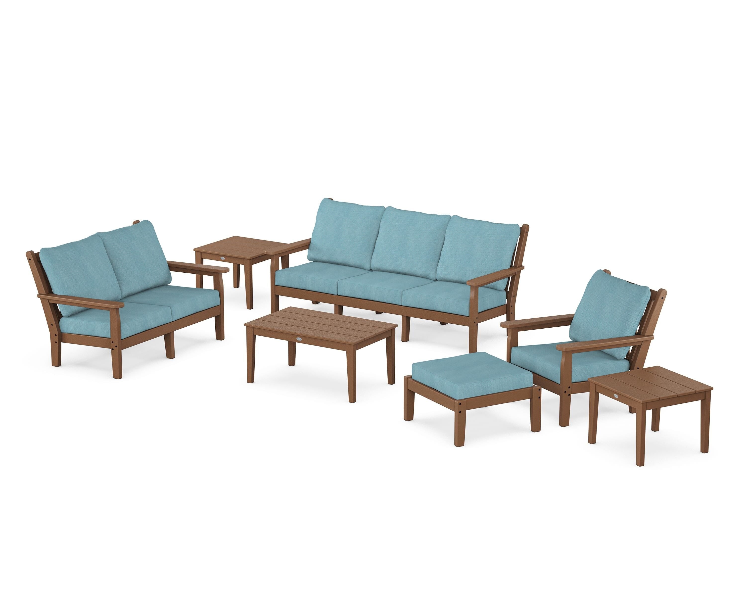 POLYWOOD Chippendale 7-Piece Deep Seating Set in Teak / Lattice Sky Blue