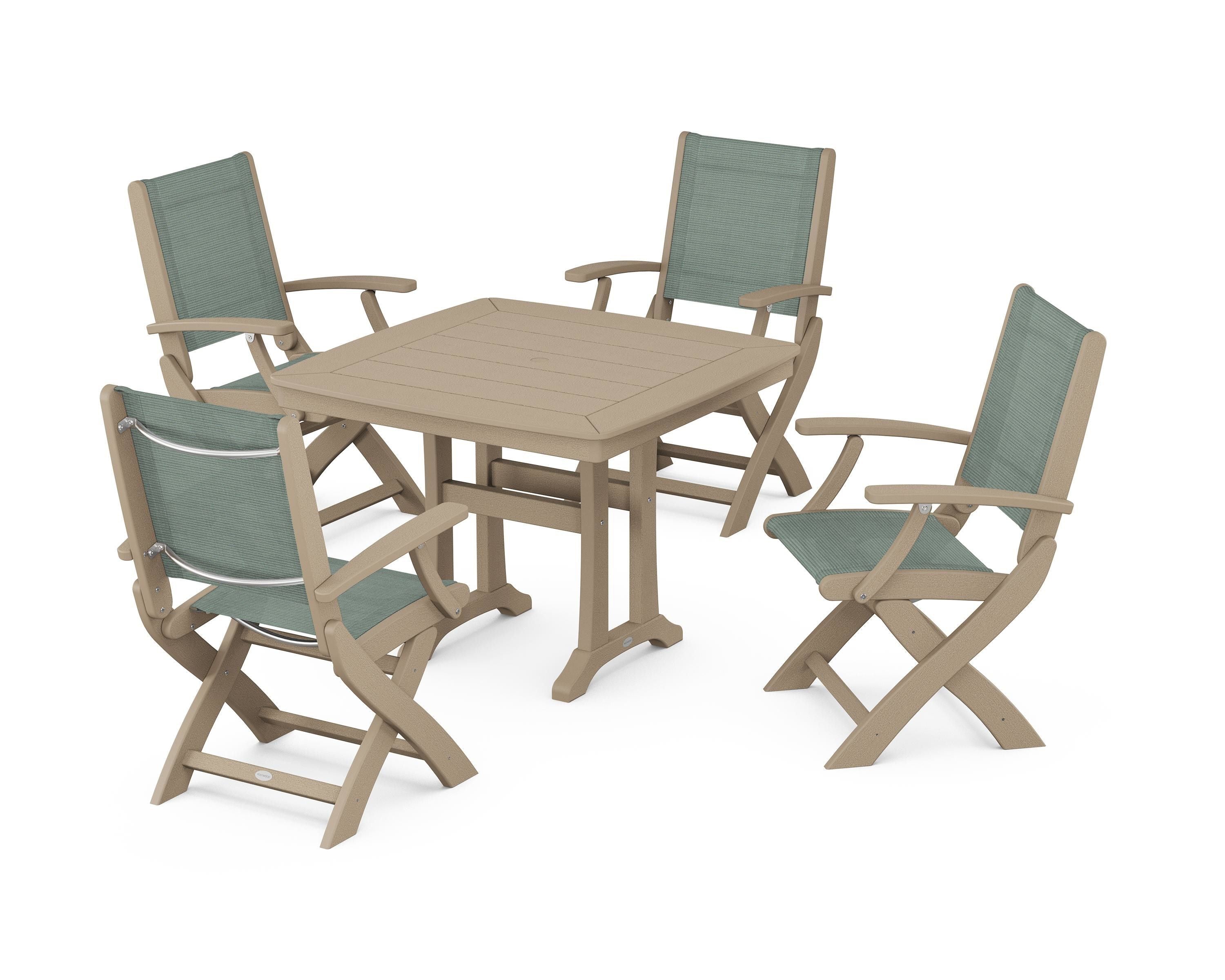 POLYWOOD Coastal Folding Chair 5-Piece Dining Set with Trestle Legs in Vintage Sahara / Dupioni Sea Mist Sling