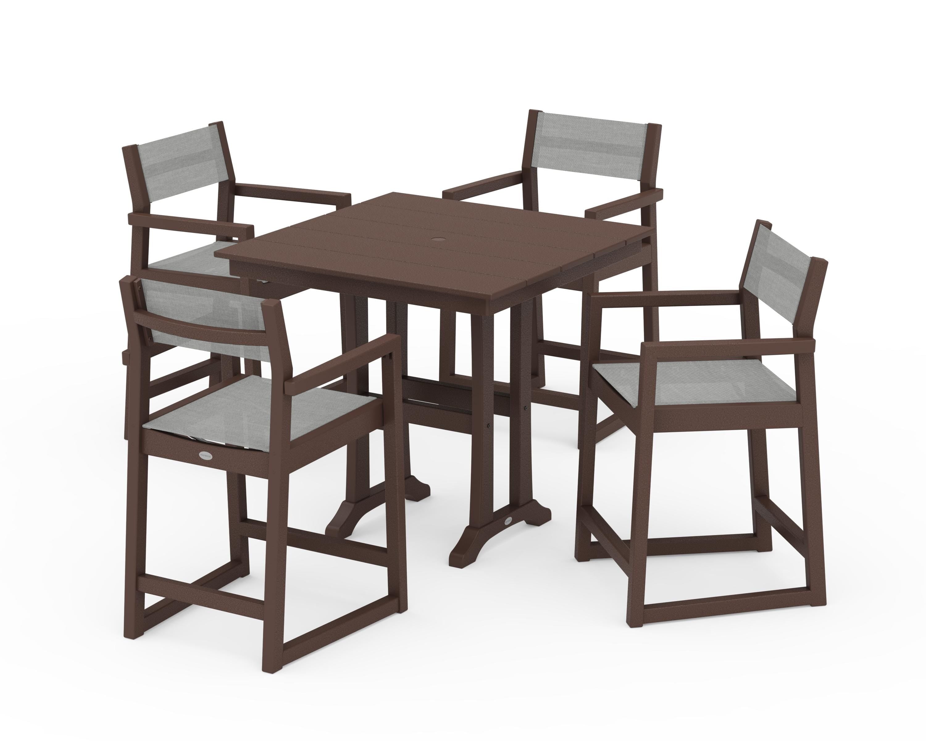 POLYWOOD EDGE Sling Arm Chair 5-Piece Farmhouse Counter Set with Trestle Legs in Mahogany / Metallic Sling