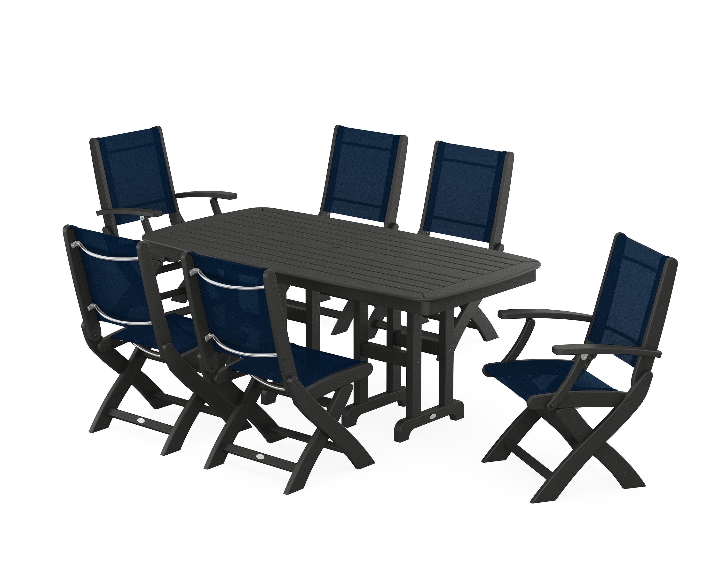 POLYWOOD Coastal Folding Chair 7-Piece Dining Set in Black / Navy Blue Sling