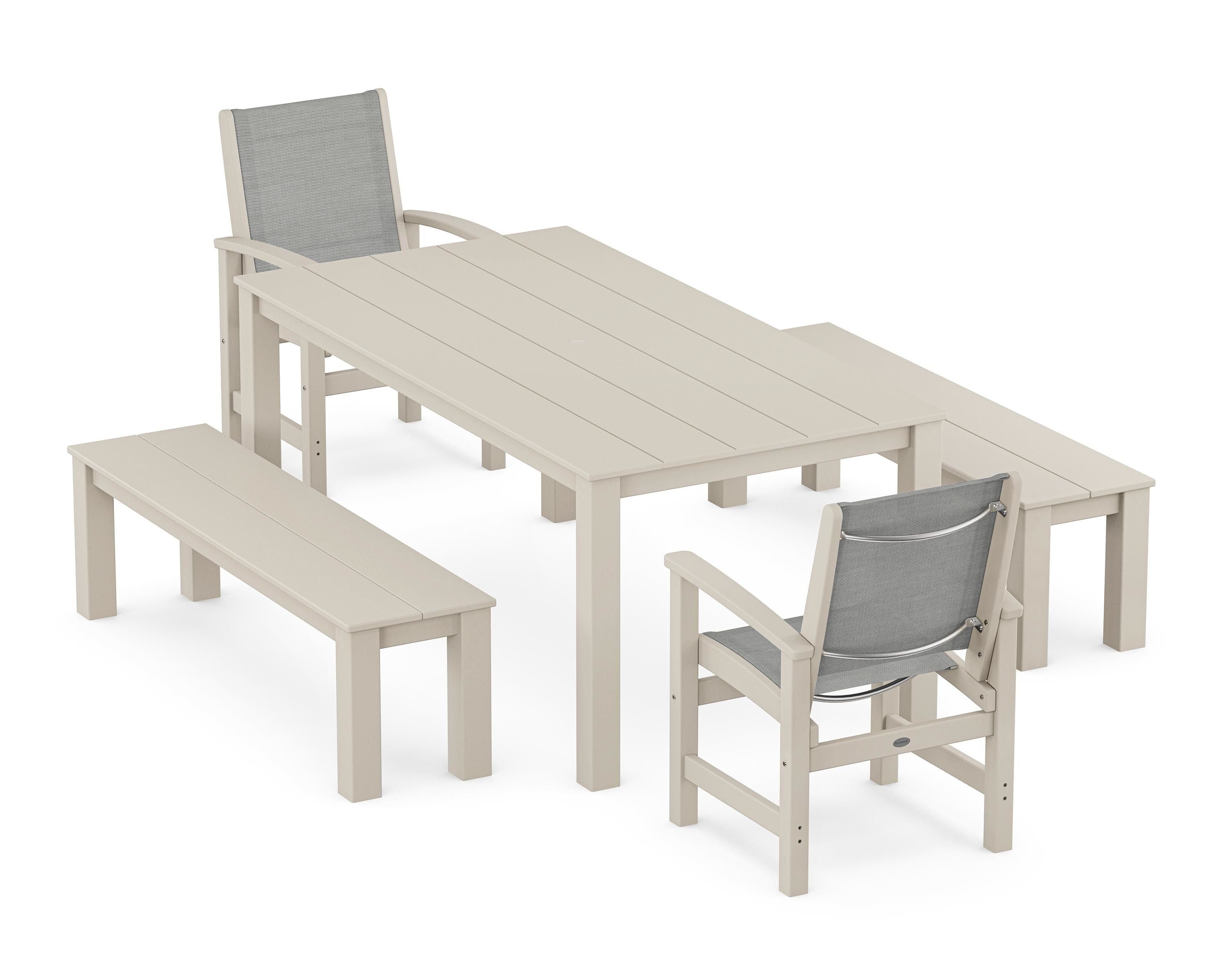 POLYWOOD Coastal 5-Piece Parsons Dining Set with Benches in Sand / Metallic Sling