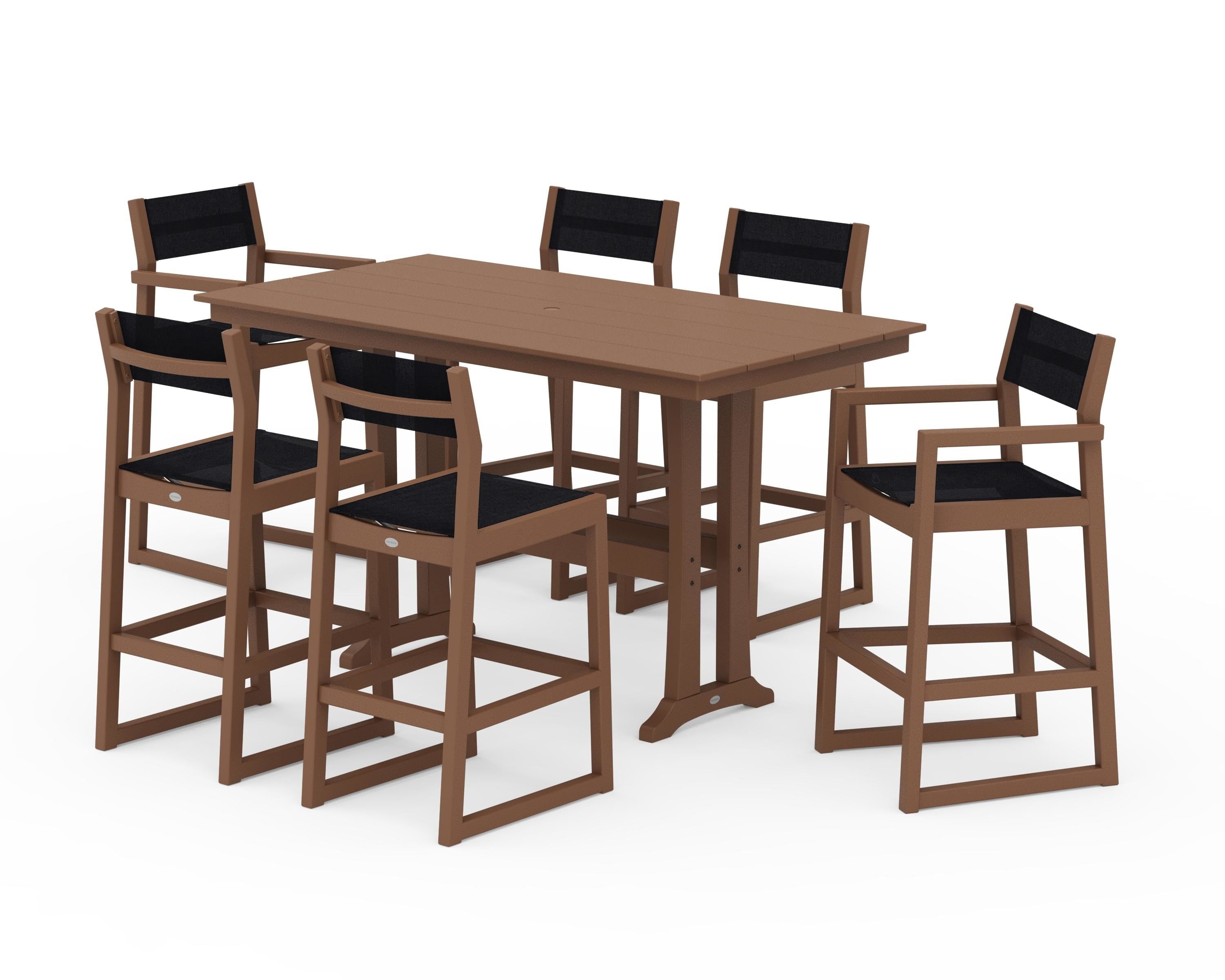 POLYWOOD EDGE Sling 7-Piece Farmhouse Bar Set with Trestle Legs in Teak / Black Sling