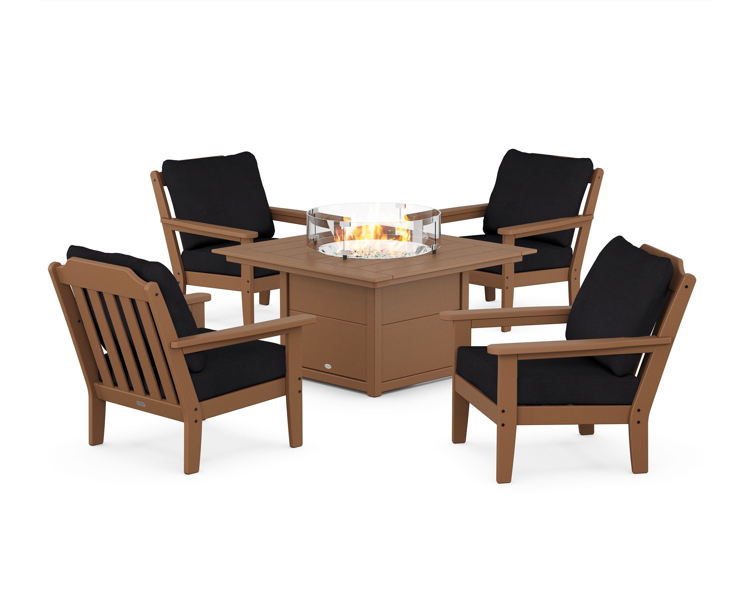 Country Living Cottage 5-Piece Deep Seating Set with Fire Pit Table in Teak / Midnight Linen
