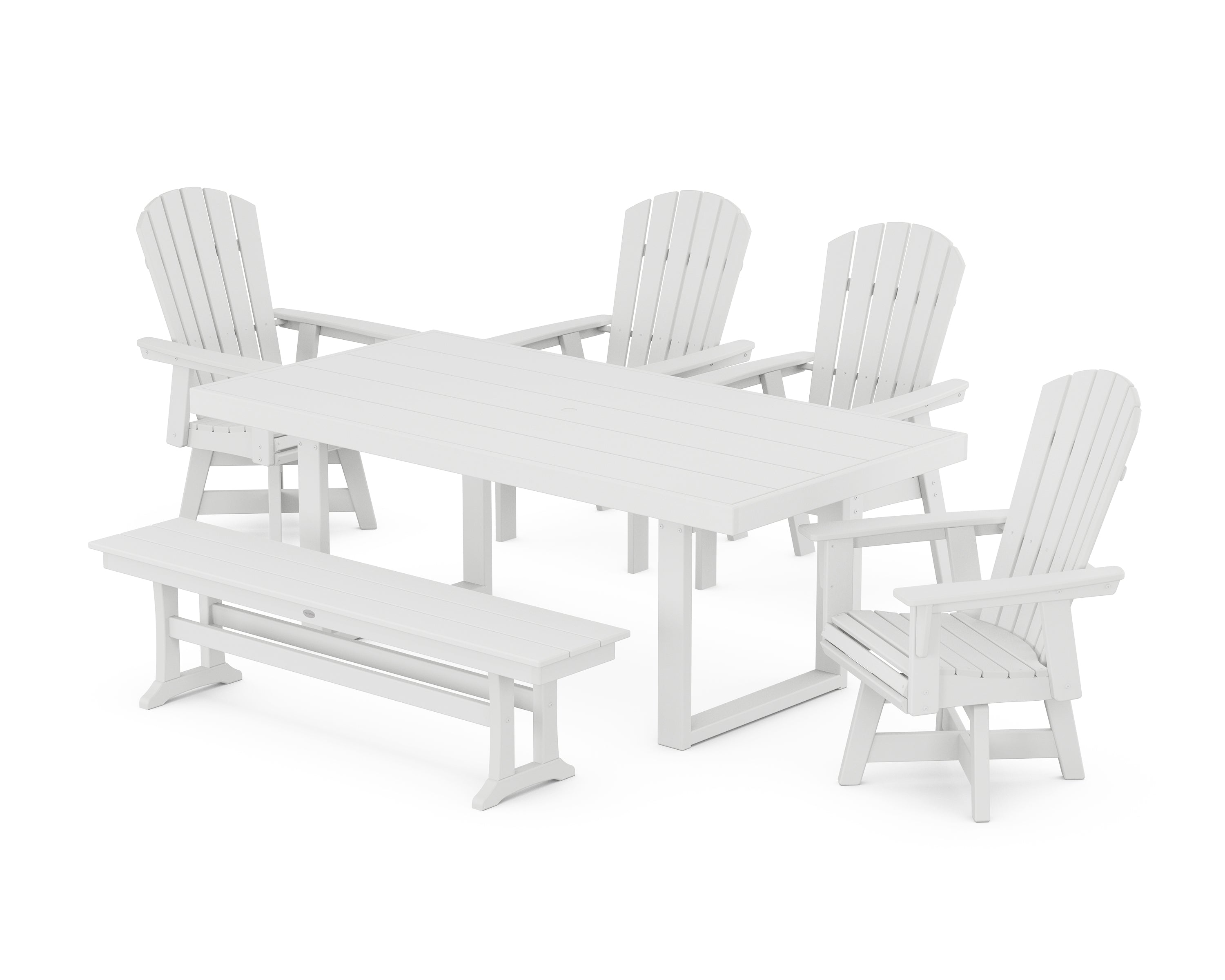 POLYWOOD® Nautical Curveback Adirondack Swivel Chair 6-Piece Dining Set with Bench in White