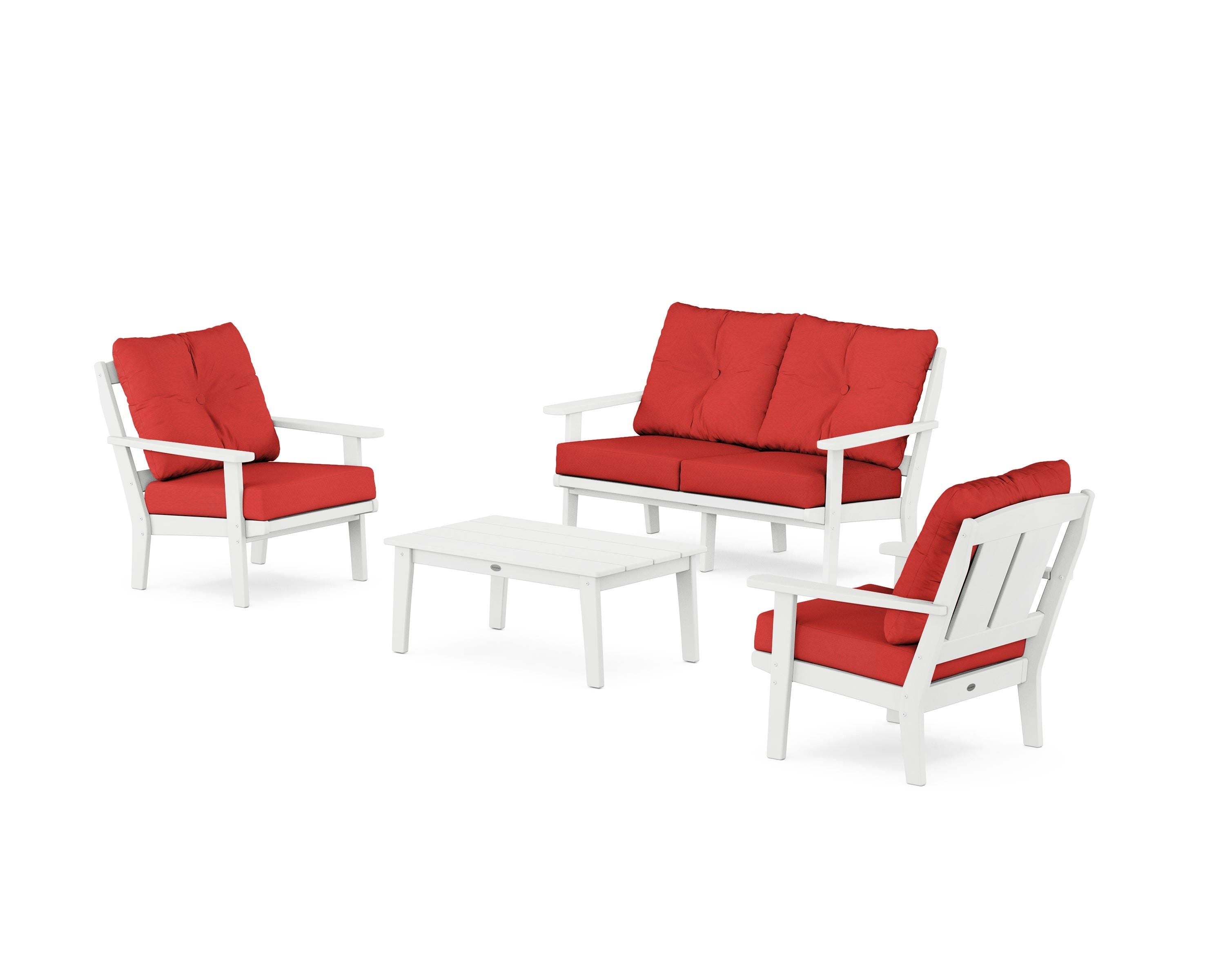 POLYWOOD Mission 4-Piece Deep Seating Set with Loveseat in White / Crimson Linen