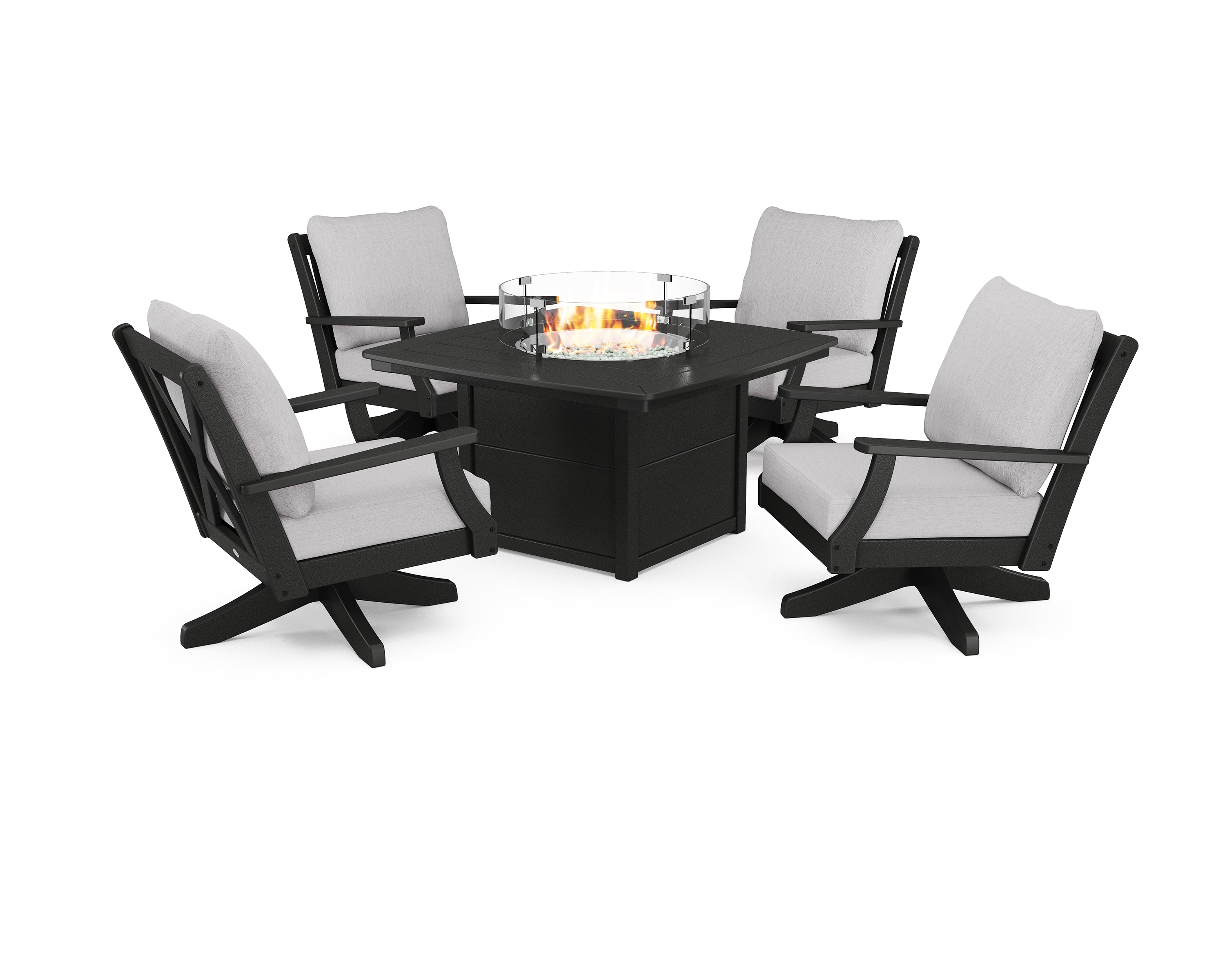 POLYWOOD Braxton 5-Piece Deep Seating Swivel Conversation Set with Fire Pit Table in Black / Granite