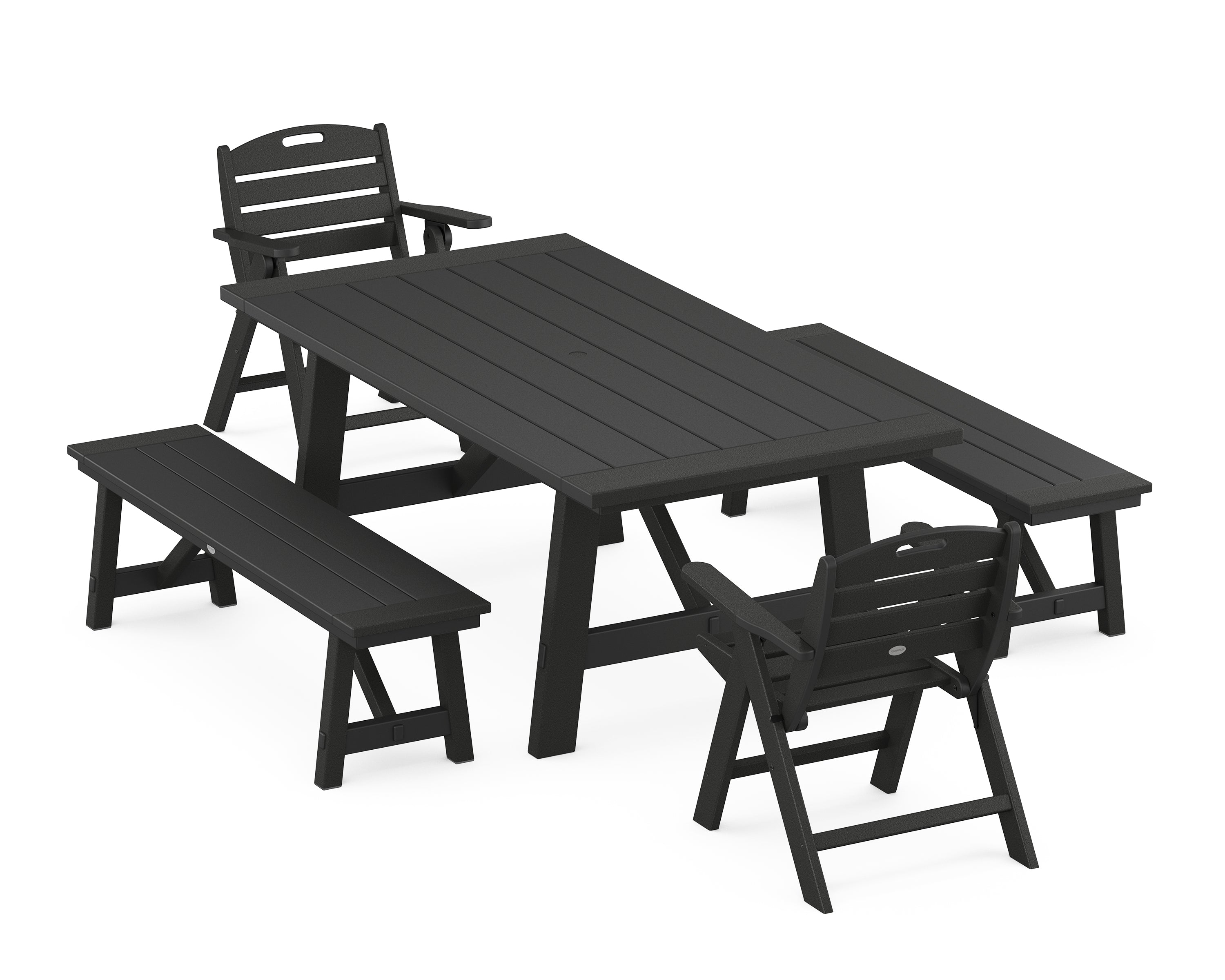 POLYWOOD Nautical Folding Lowback Chair 5-Piece Rustic Farmhouse Dining Set With Benches in Black