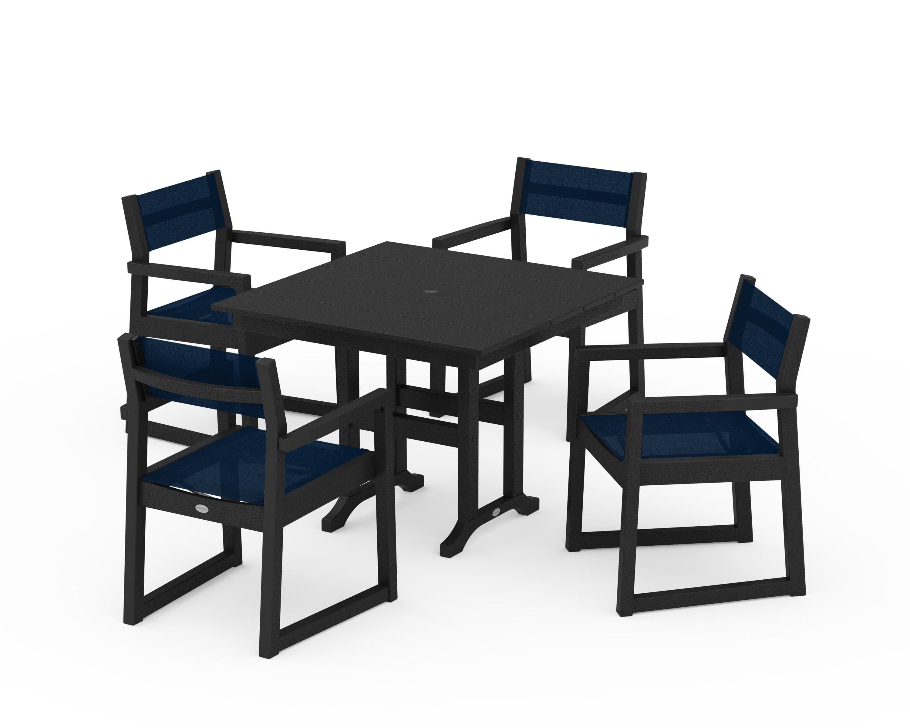 POLYWOOD EDGE Sling Arm Chair 5-Piece Farmhouse Dining Set in Black / Navy Blue Sling