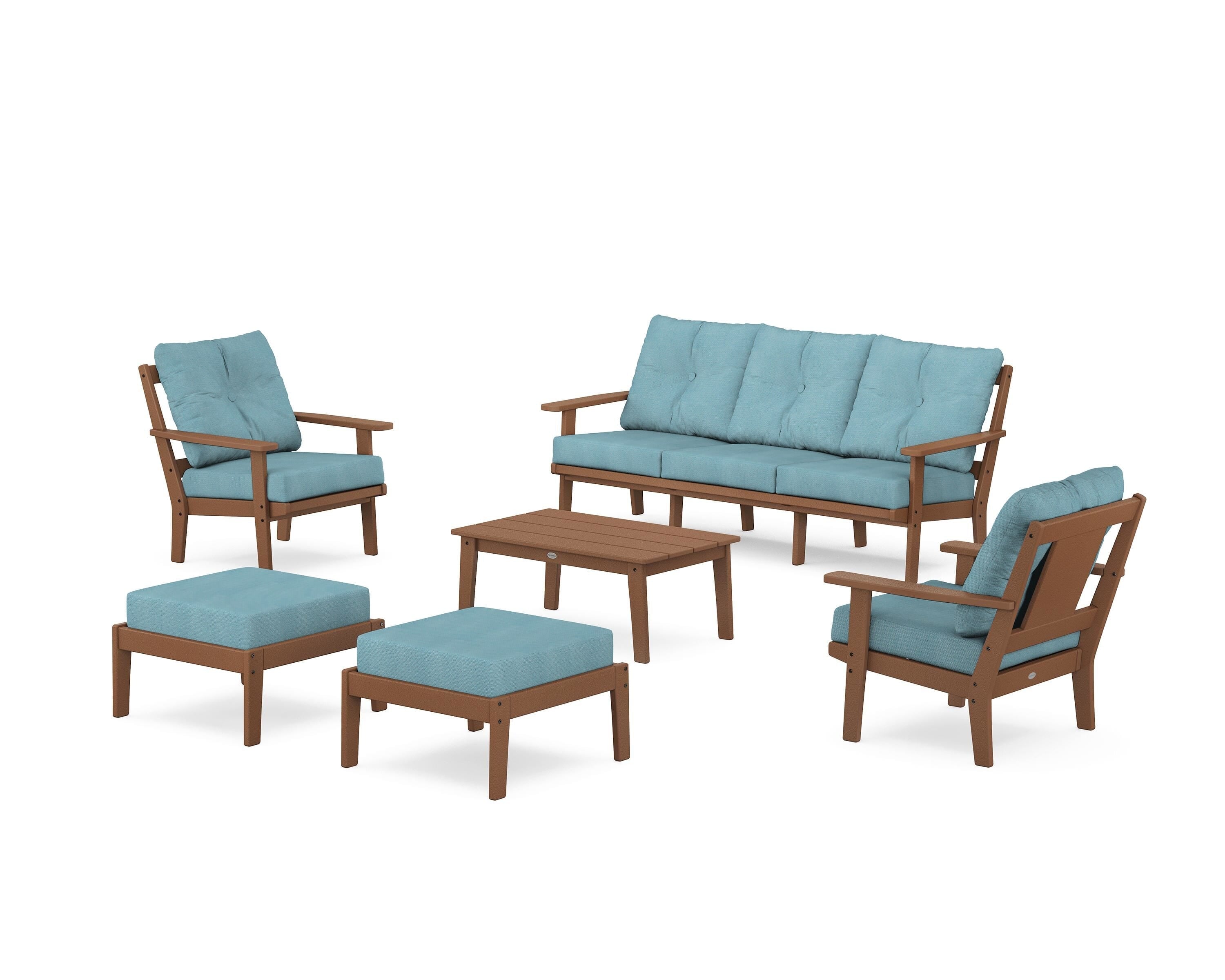 POLYWOOD Prairie 6-Piece Lounge Sofa Set in Teak / Lattice Sky Blue