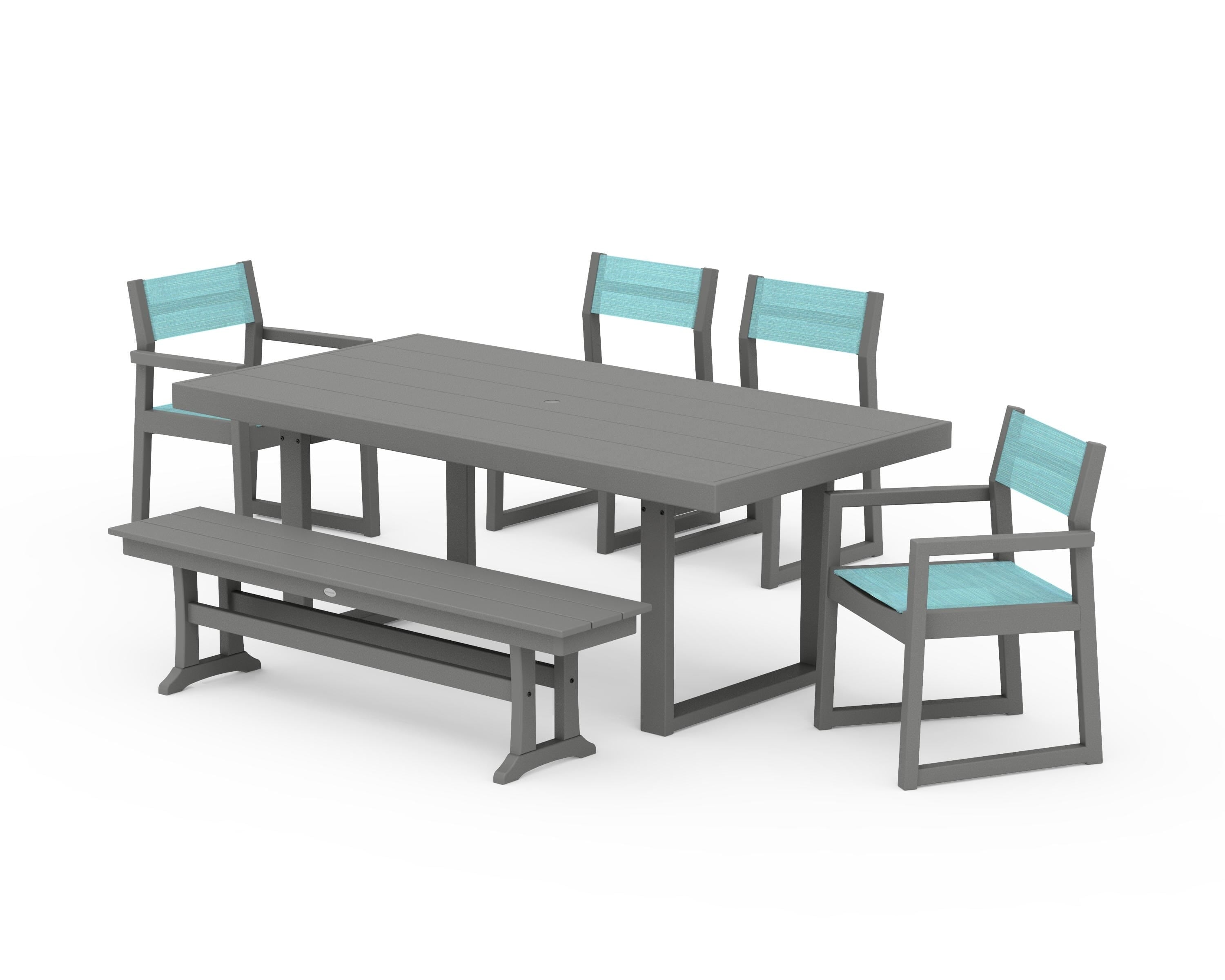 POLYWOOD EDGE Sling 6-Piece Dining Set with Bench in Slate Grey / Dupioni Aquamarine Sling