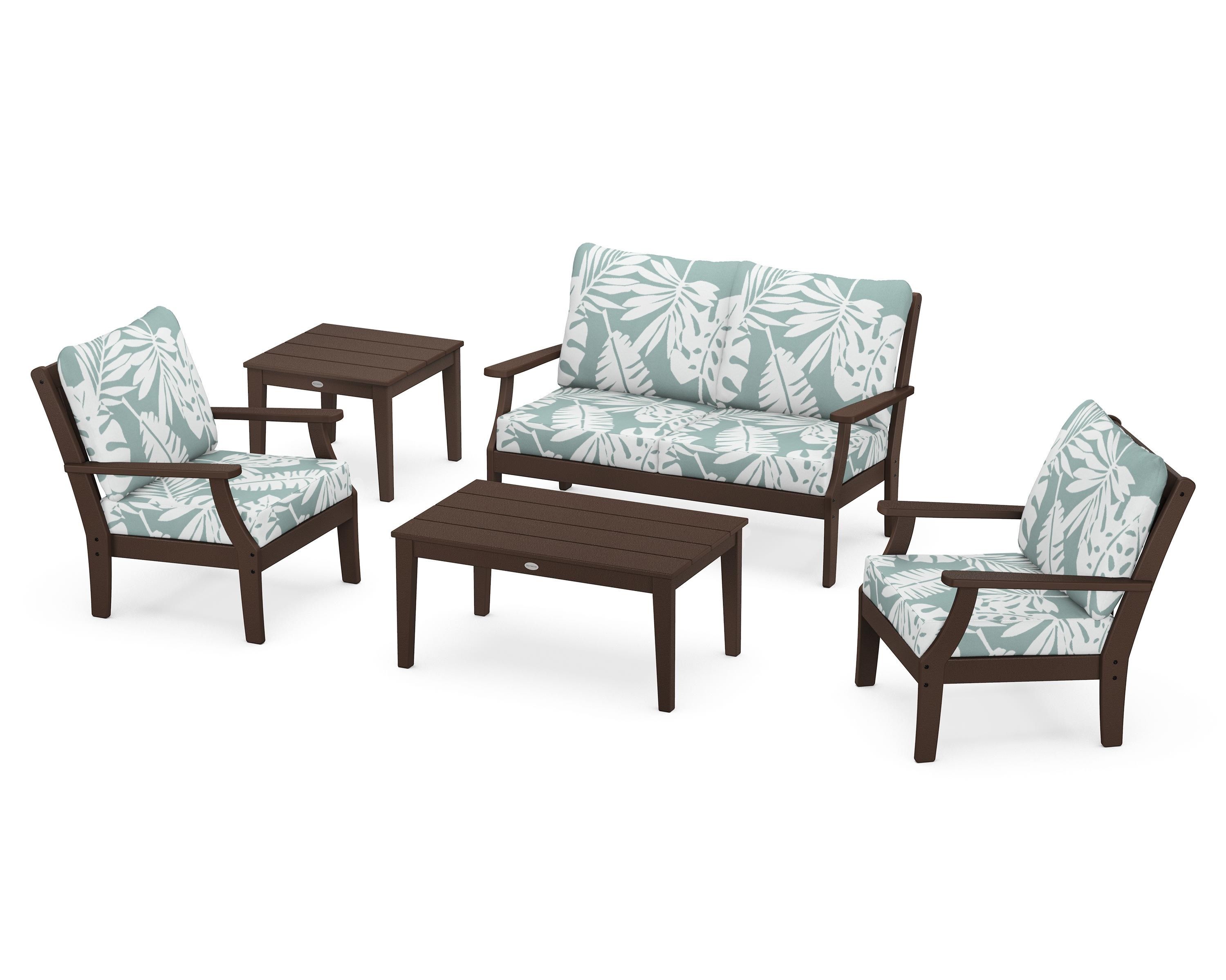 POLYWOOD Braxton 5-Piece Deep Seating Set in Mahogany / Leaf Glacier Spa
