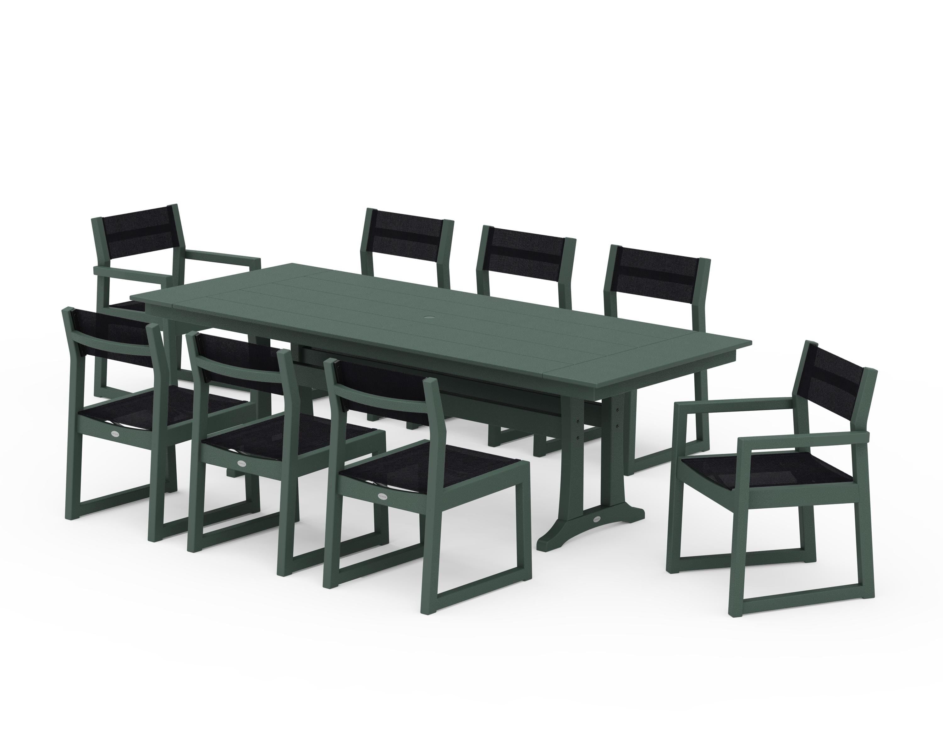 POLYWOOD EDGE Sling 9-Piece Farmhouse Trestle Dining Set in Green / Black Sling