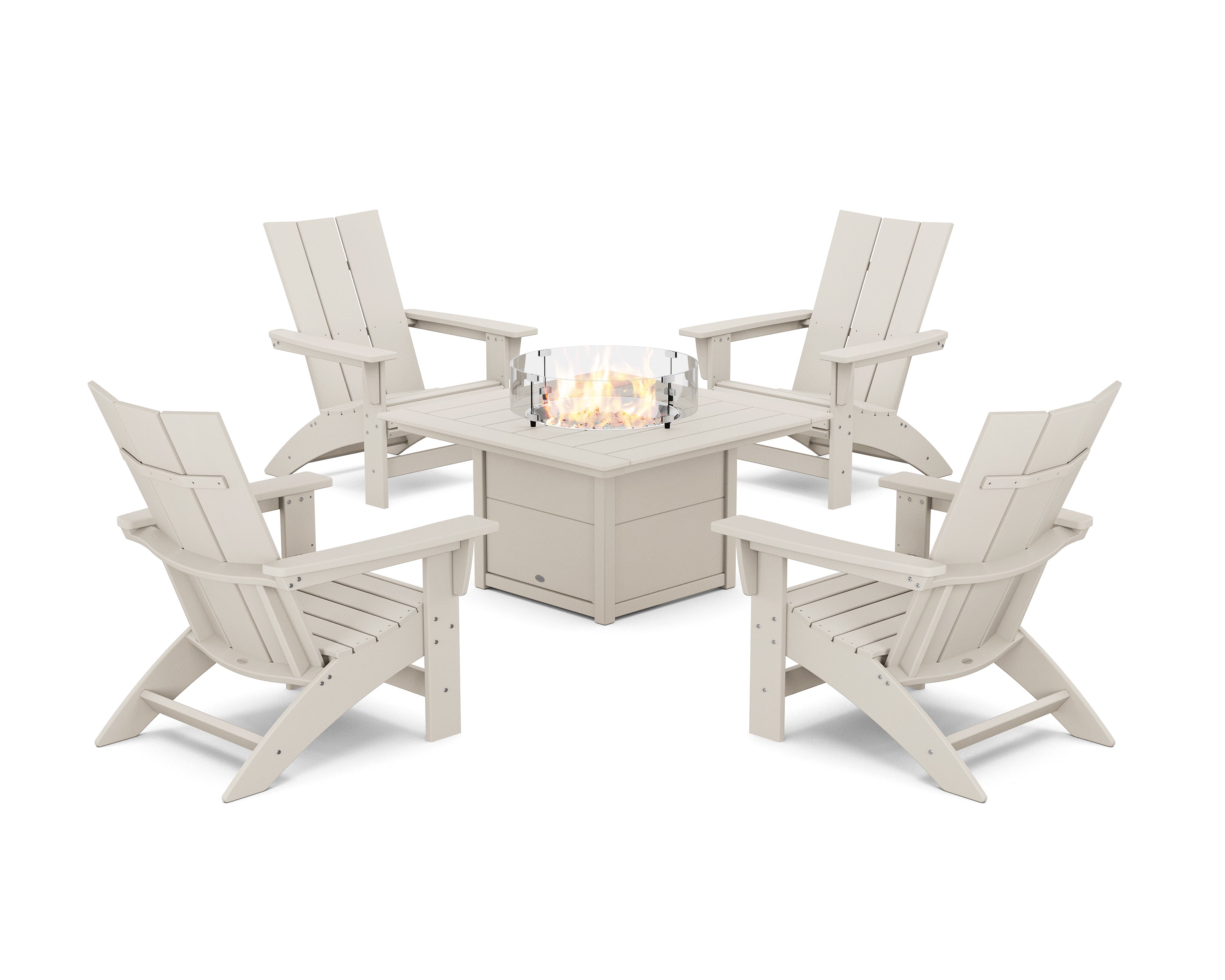 POLYWOOD 5-Piece Modern Grand Adirondack Conversation Set with Fire Pit Table in Sand