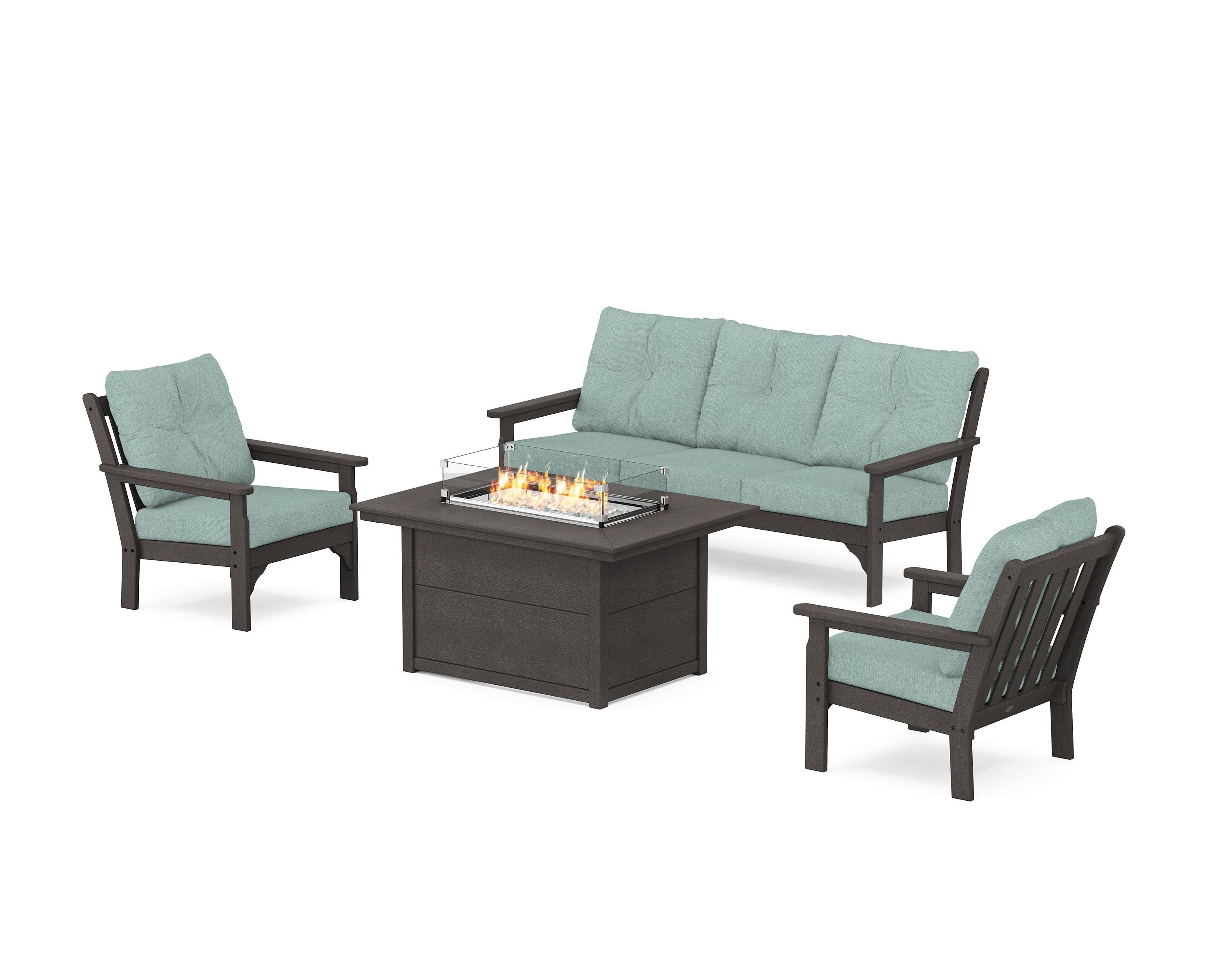 POLYWOOD Vineyard Deep Seating Fire Pit Table Set in Vintage Coffee / Glacier Spa