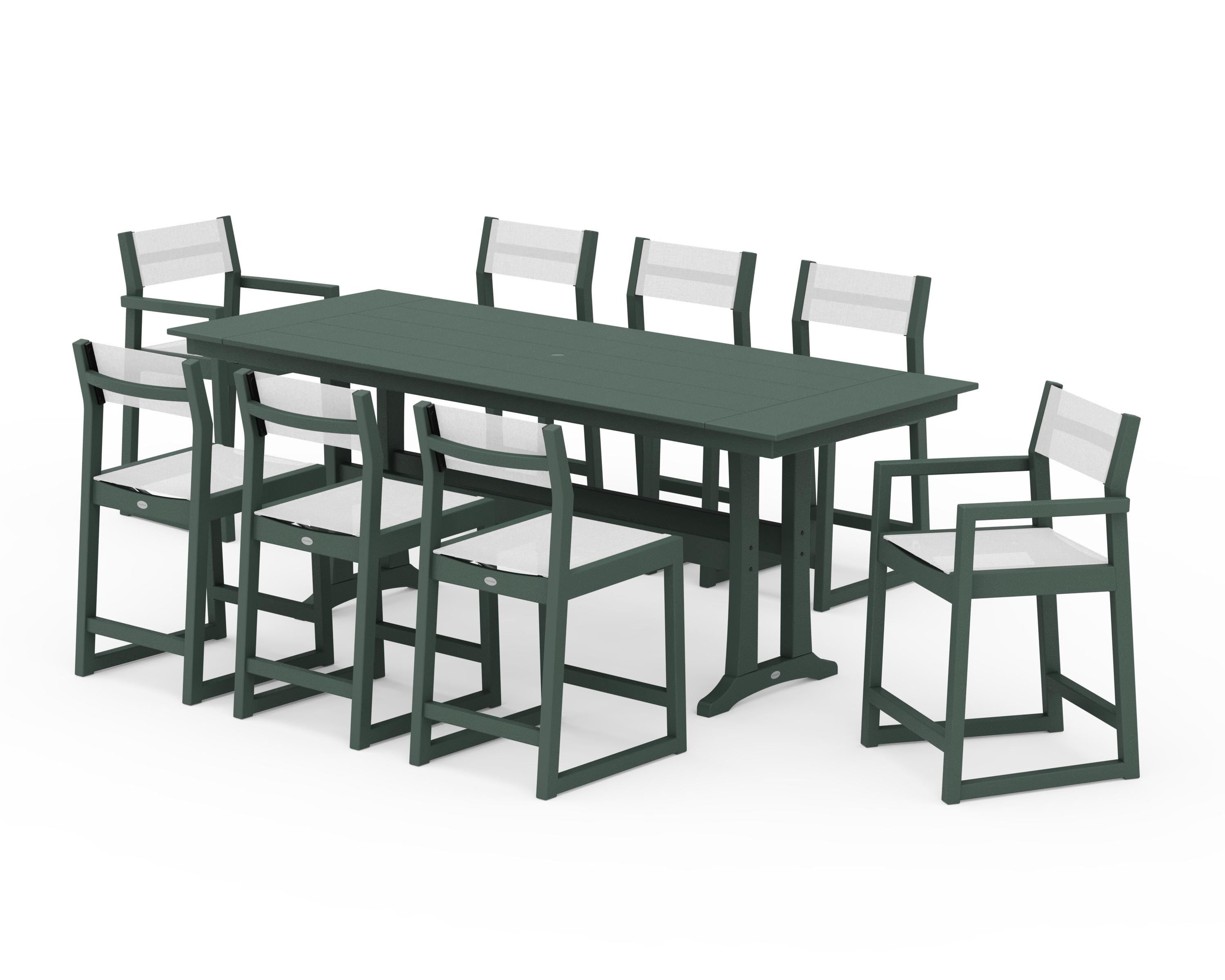 POLYWOOD EDGE Sling 9-Piece Farmhouse Counter Set with Trestle Legs in Green / White Sling