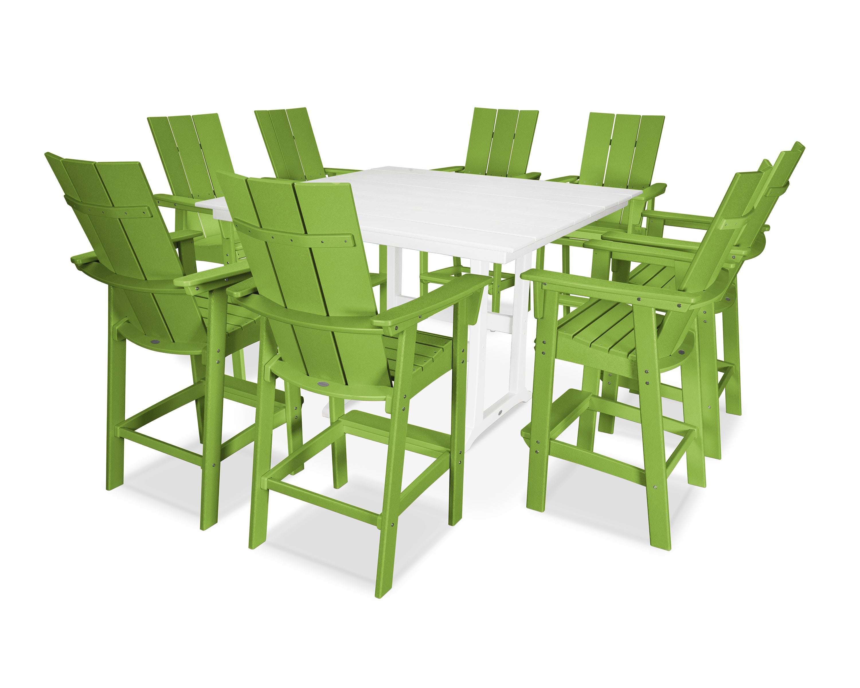 POLYWOOD® Modern Curveback Adirondack 9-Piece Farmhouse Trestle Bar Set in Lime / White