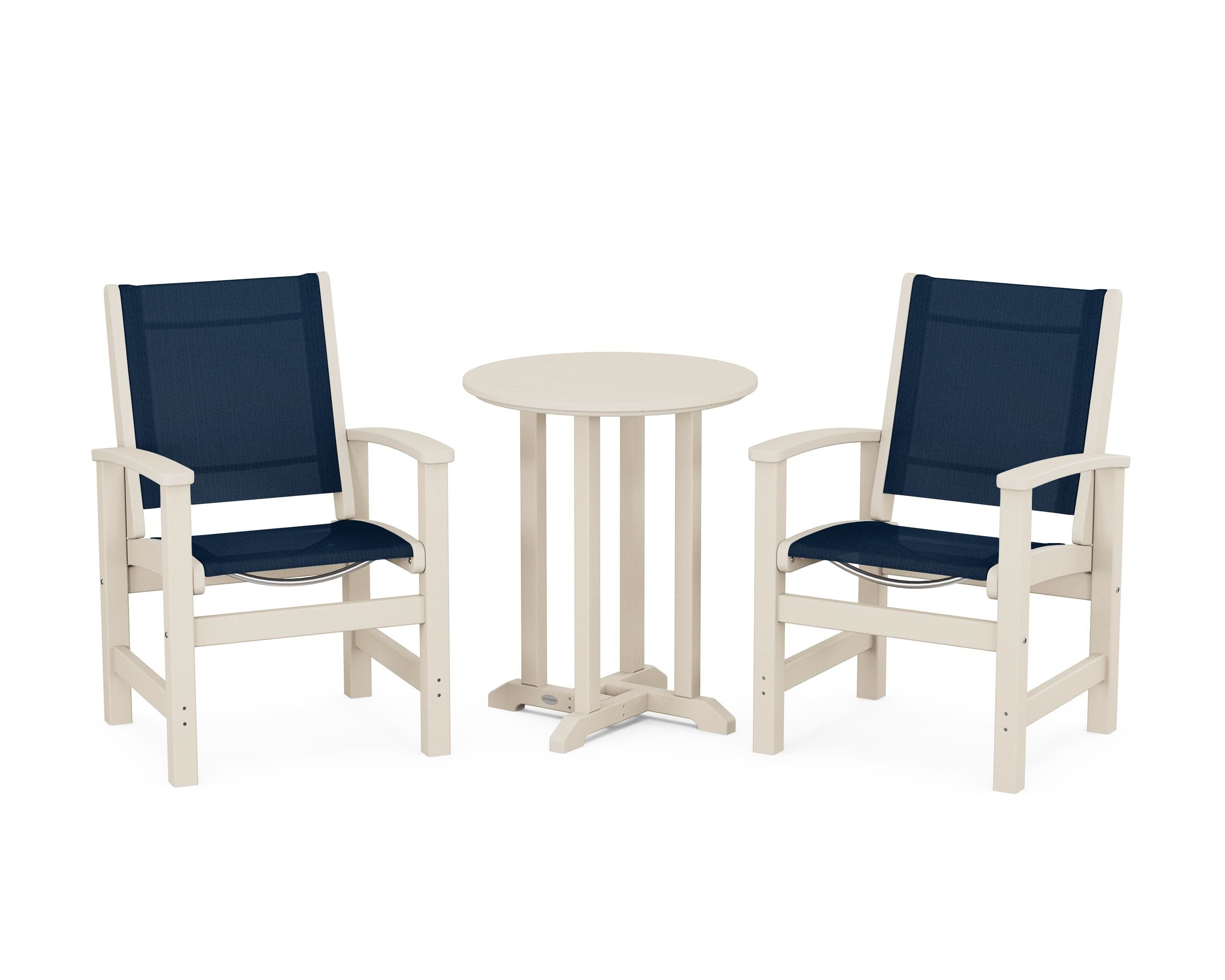 POLYWOOD Coastal 3-Piece Round Bistro Dining Set in Sand / Navy Blue Sling