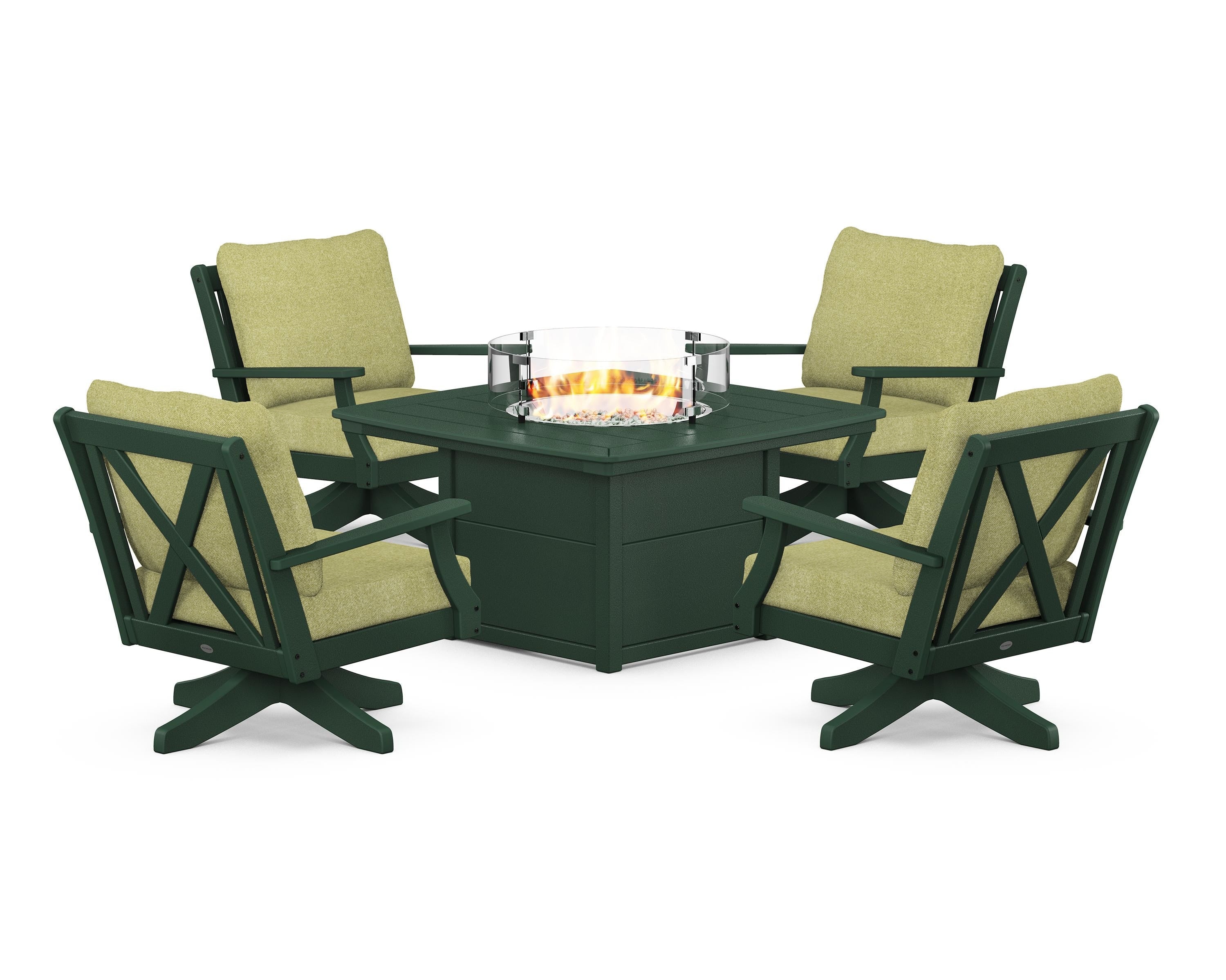 POLYWOOD Braxton 5-Piece Deep Seating Swivel Conversation Set with Fire Pit Table in Green / Chartreuse Boucle