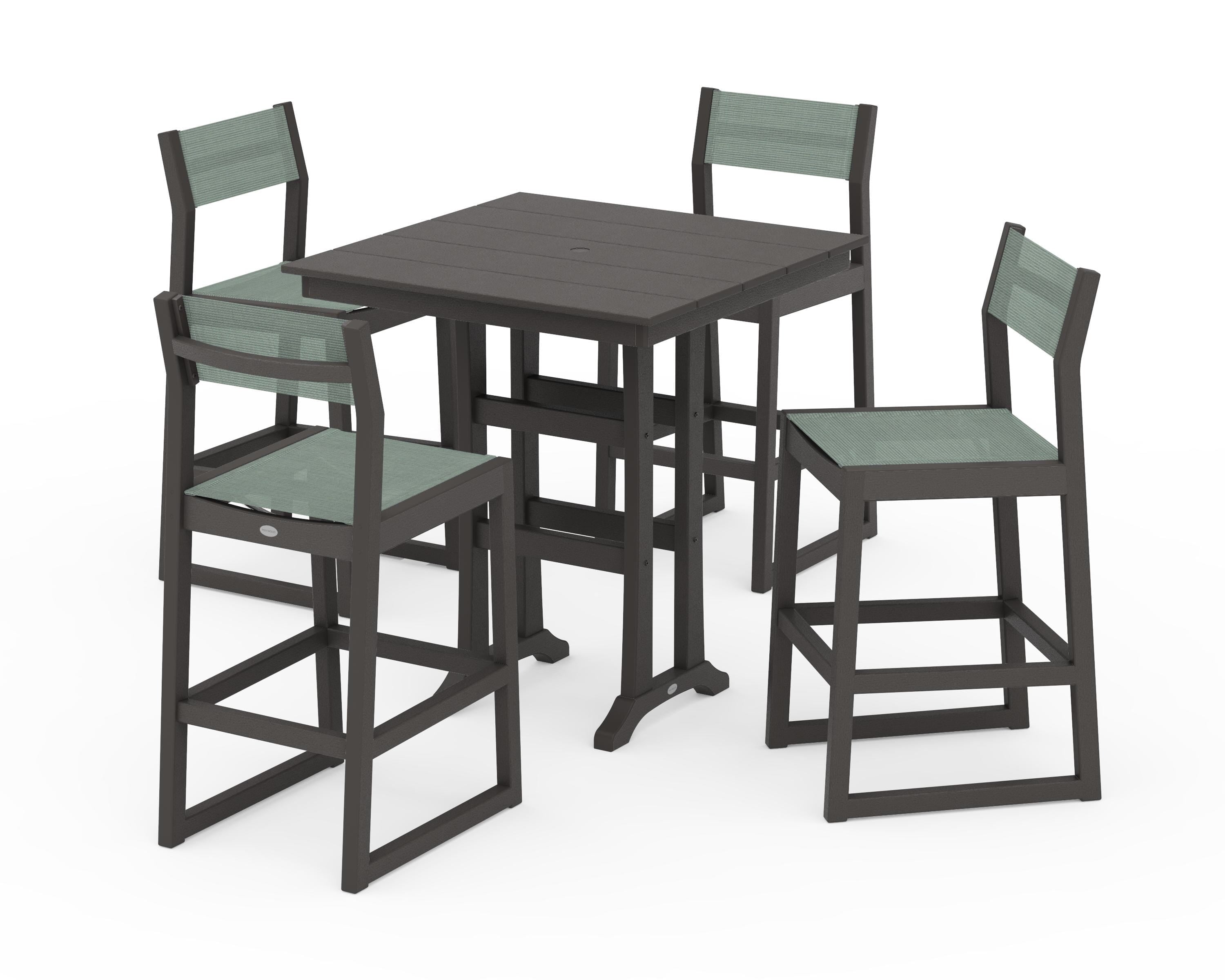 POLYWOOD EDGE Sling Arm Chair 5-Piece Farmhouse Bar Set with Trestle Legs in Vintage Coffee / Dupioni Sea Mist Sling
